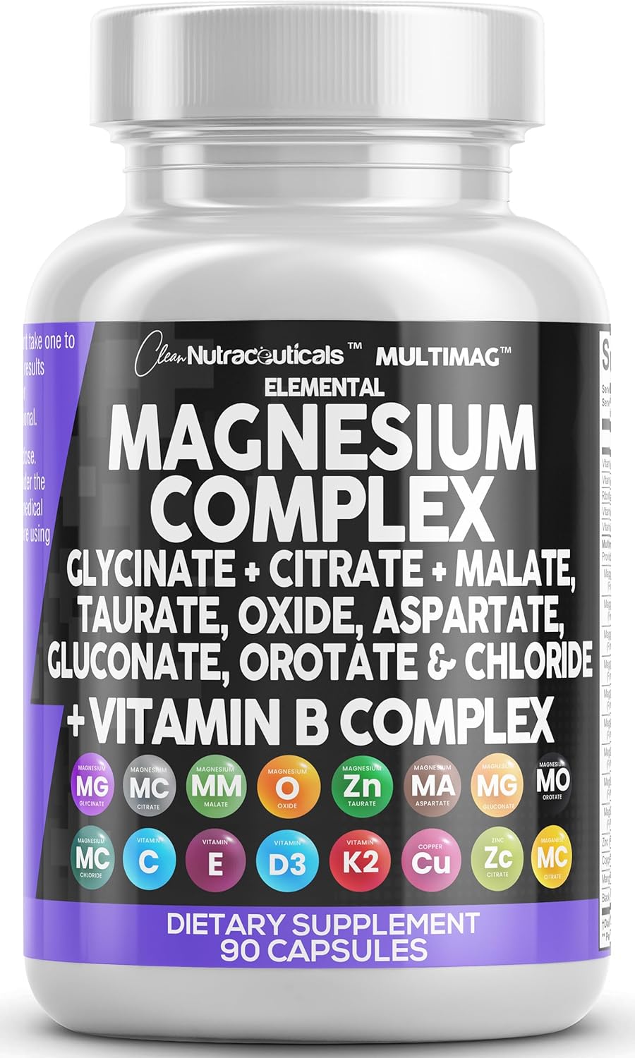 Clean Nutraceuticals Magnesium Complex with Magnesium Glycinate Citrate Malate Oxide Taurate Aspartate Orotate Mag Chloride, Zinc Copper Manganese Vitamin C B1 B2 B6 B12 Complex - 1Pack