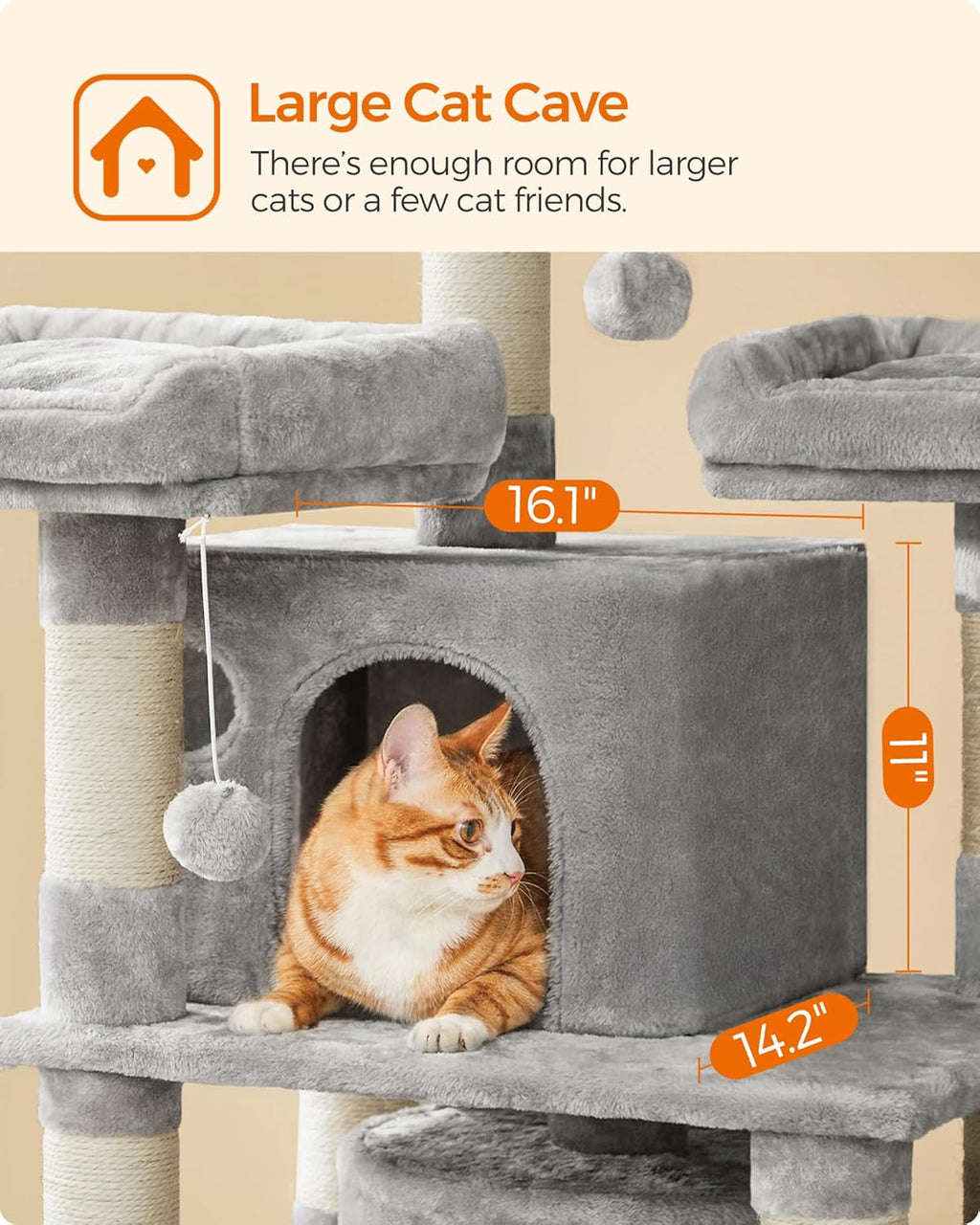 67 Inches Multi-Level Cat Tree for Large Cats, with Cozy Perches, Stable, Light Gray UPCT18W