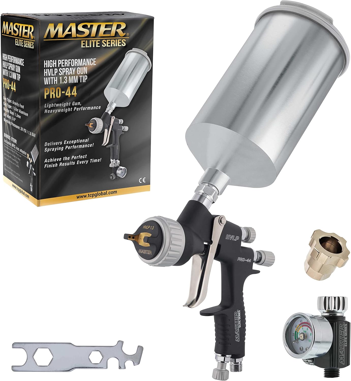 Maste Elit PRO-4 HVL Spra Gu wit 1.3m Tip Ai Pressur Regulato Gaug an 1 Cu Automotiv Spra Pain Gu fo Paintin Basecoat Clearcoat Advance Atomizatio Technology