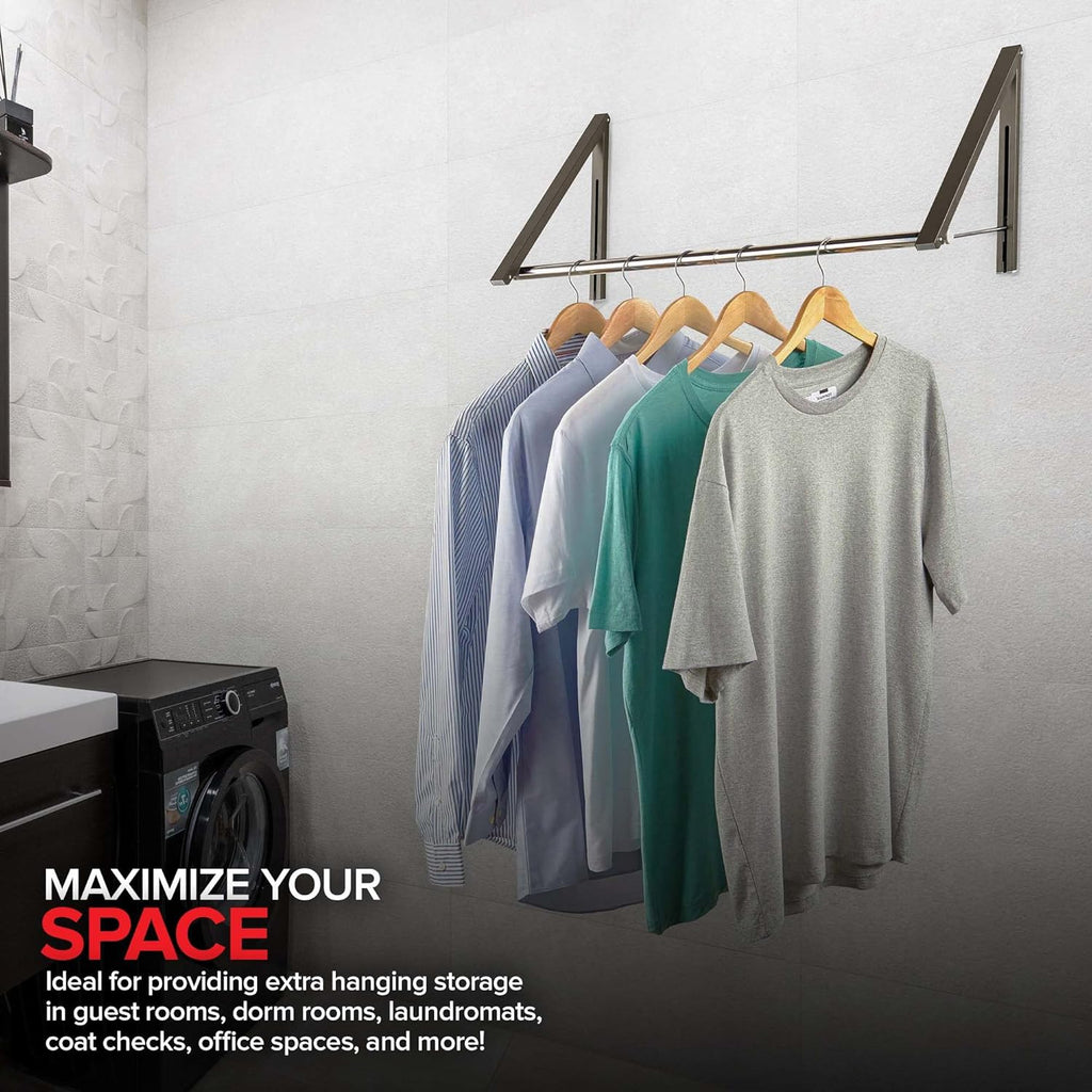 Double Foldable Clothing Rack w/ Extension Rod, Wall-Mounted Retractable Clothes Hanger for Laundry Dryer Room, Hanging Drying Rod, Small Collapsible Folding Garment Racks, Dorm Accessories (Gray)
