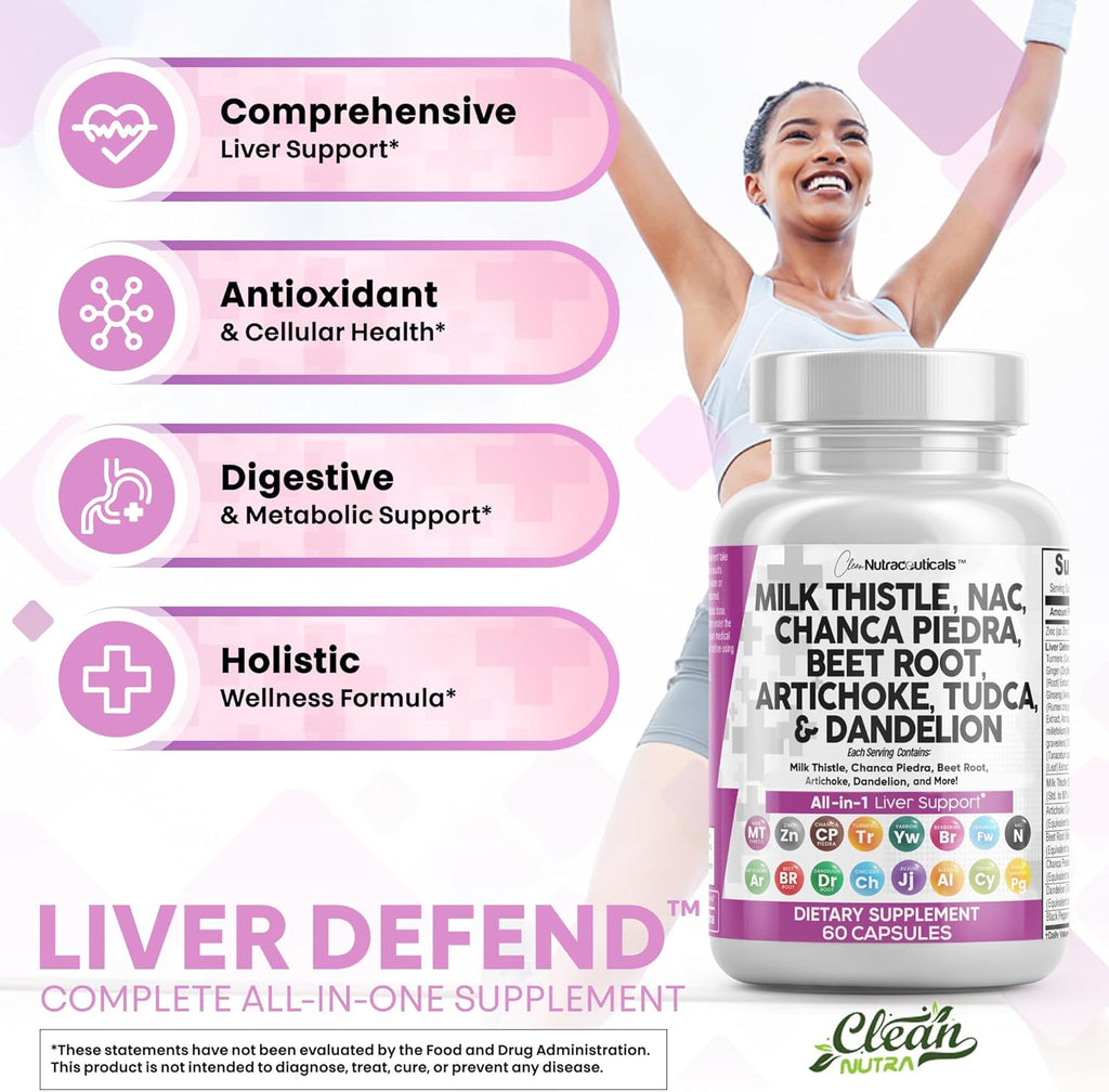 Clean Nutraceuticals Milk Thistle NAC Chanca Piedra Beet Root Artichoke Dandelion Root - Liver Cleanse Detox Repair Supplement Plus TUDCA Choline Ginger 60 Count
