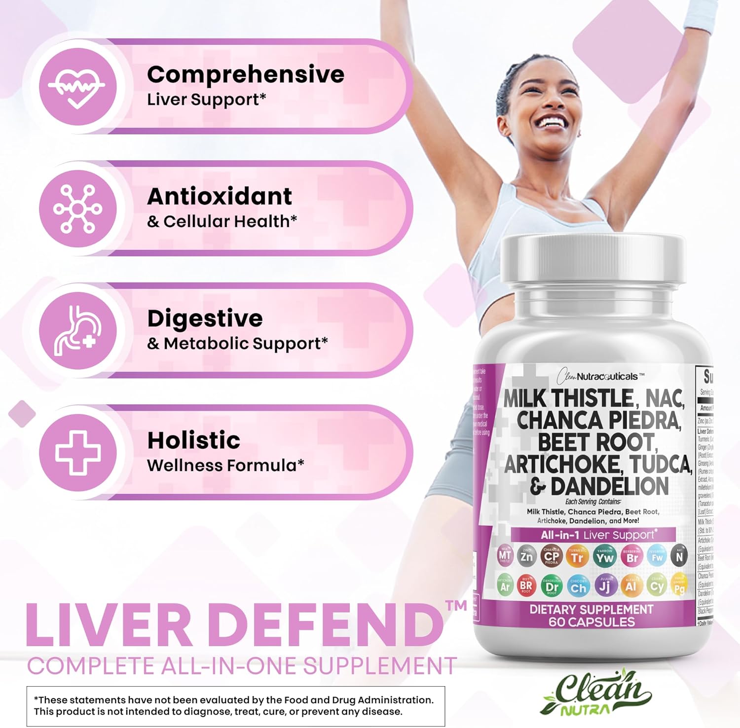 Clean Nutraceuticals Milk Thistle NAC Chanca Piedra Beet Root Artichoke Dandelion Root - Liver Cleanse Detox Repair Supplement Plus TUDCA Choline Ginger 60 Count