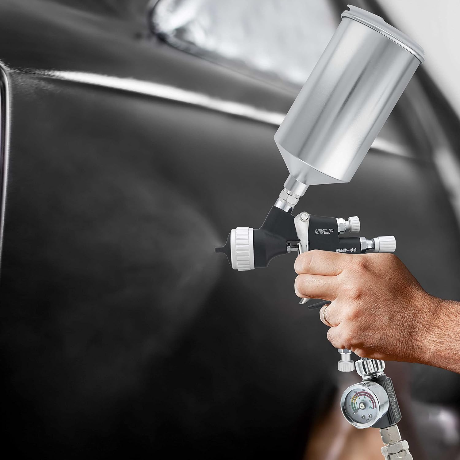 Maste Elit PRO-4 HVL Spra Gu wit 1.3m Tip Ai Pressur Regulato Gaug an 1 Cu Automotiv Spra Pain Gu fo Paintin Basecoat Clearcoat Advance Atomizatio Technology