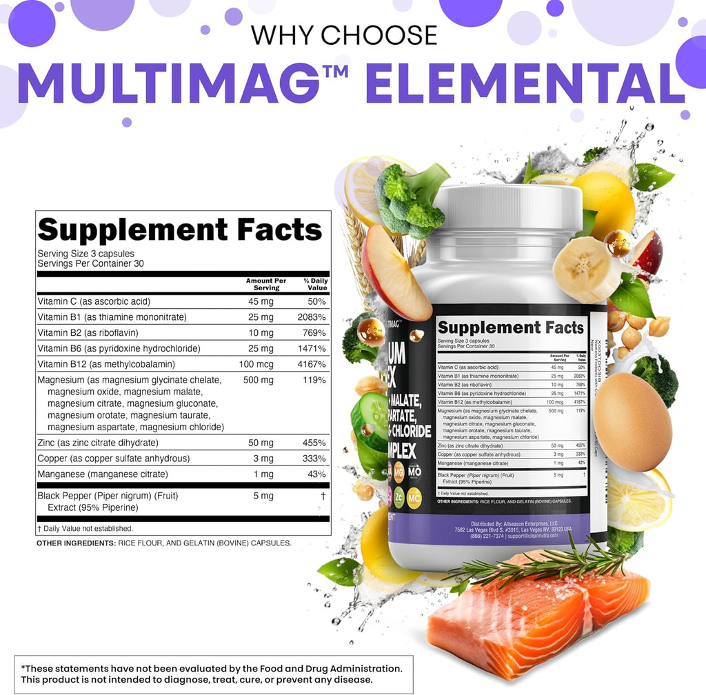 Clean Nutraceuticals Magnesium Complex with Magnesium Glycinate Citrate Malate Oxide Taurate Aspartate Orotate Mag Chloride, Zinc Copper Manganese Vitamin C B1 B2 B6 B12 Complex - 1Pack