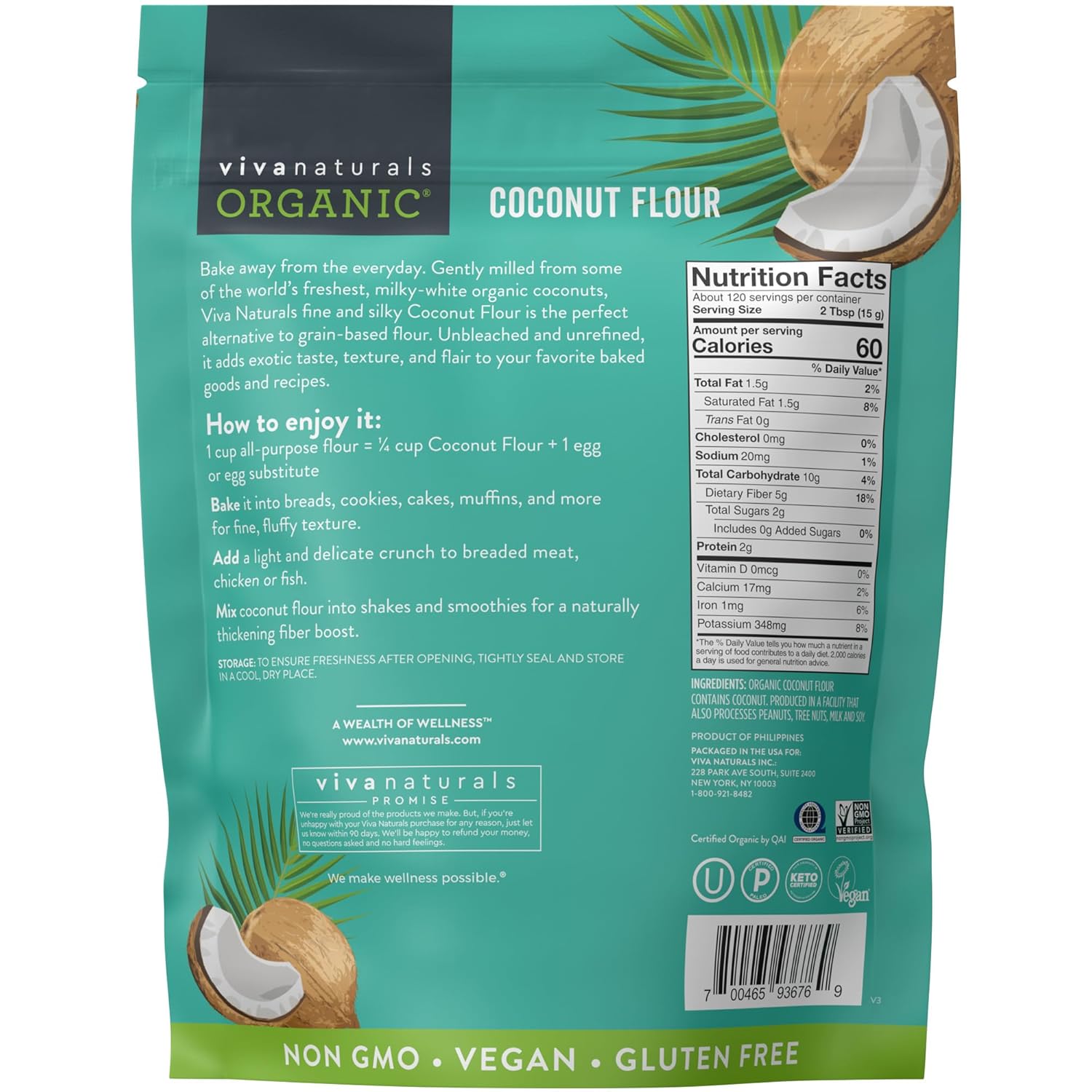 Viv Natural Organi Coconu Flour lb (1.8 kg Glute Fre Flou fo Keto Pale Vega Baking Goo Sourc o Fiber Lo Fat Non-GMO Unbleache Unrefined