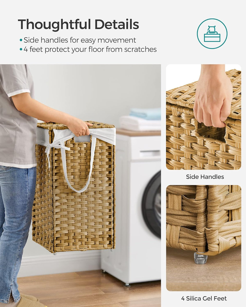Laundry Hamper with Lid, 17.2 Gallon (65 L) Synthetic Rattan Clothes Laundry Basket with Lid and Handles, Foldable, Removable Liner, Goose Yellow ULCB165N01