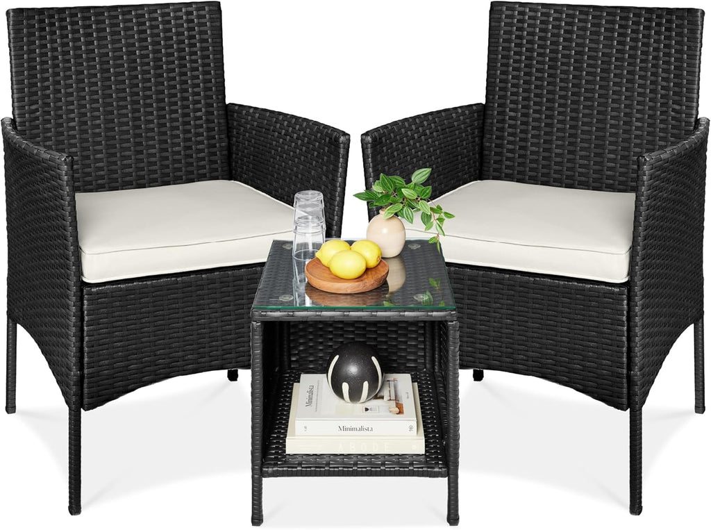 Best Choice Products 3-Piece Outdoor Wicker Conversation Bistro Set, Space Saving Patio Furniture for Garden w/Side Table - Black/White Sand