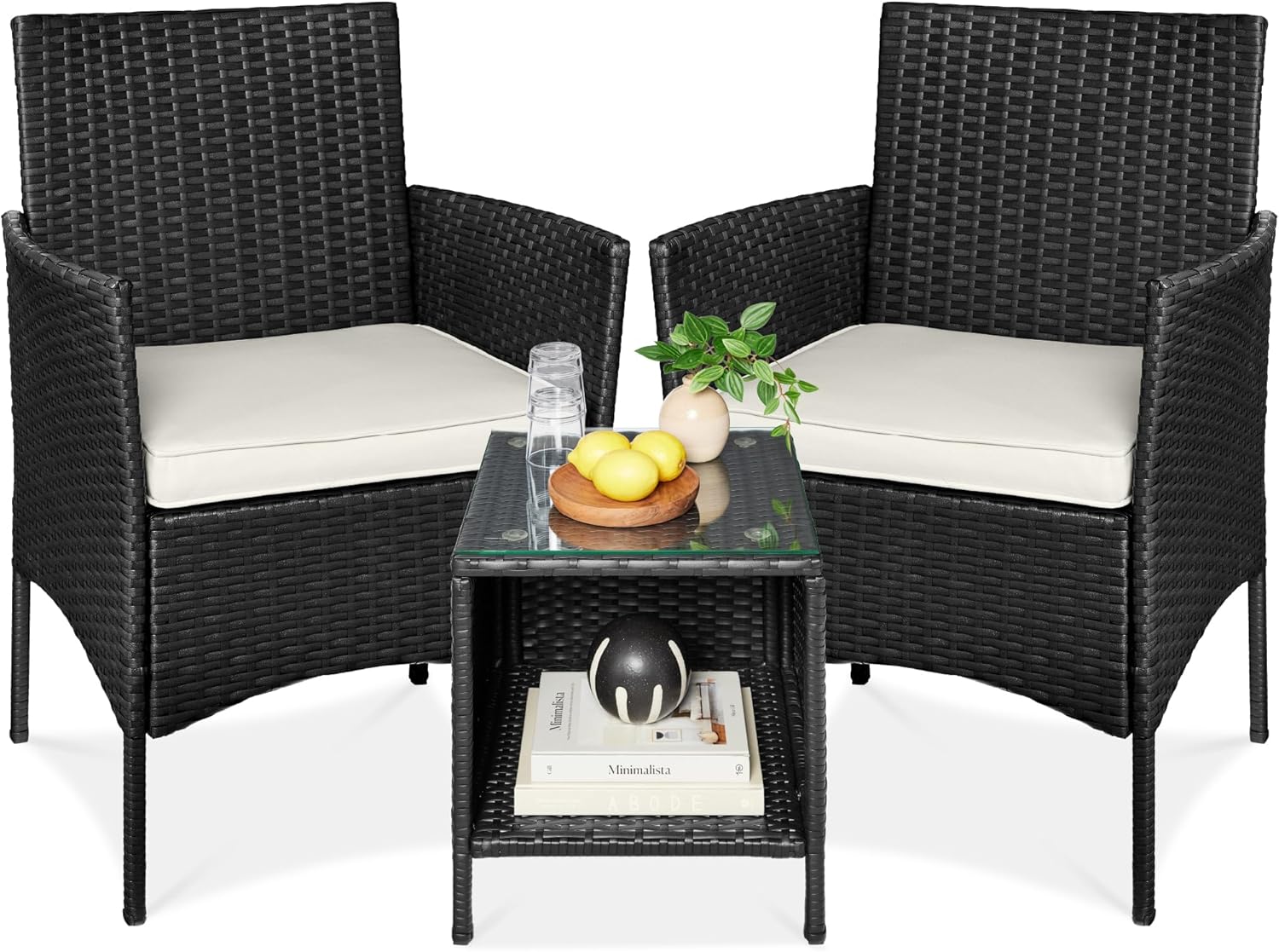 Best Choice Products 3-Piece Outdoor Wicker Conversation Bistro Set, Space Saving Patio Furniture for Garden w/Side Table - Black/White Sand
