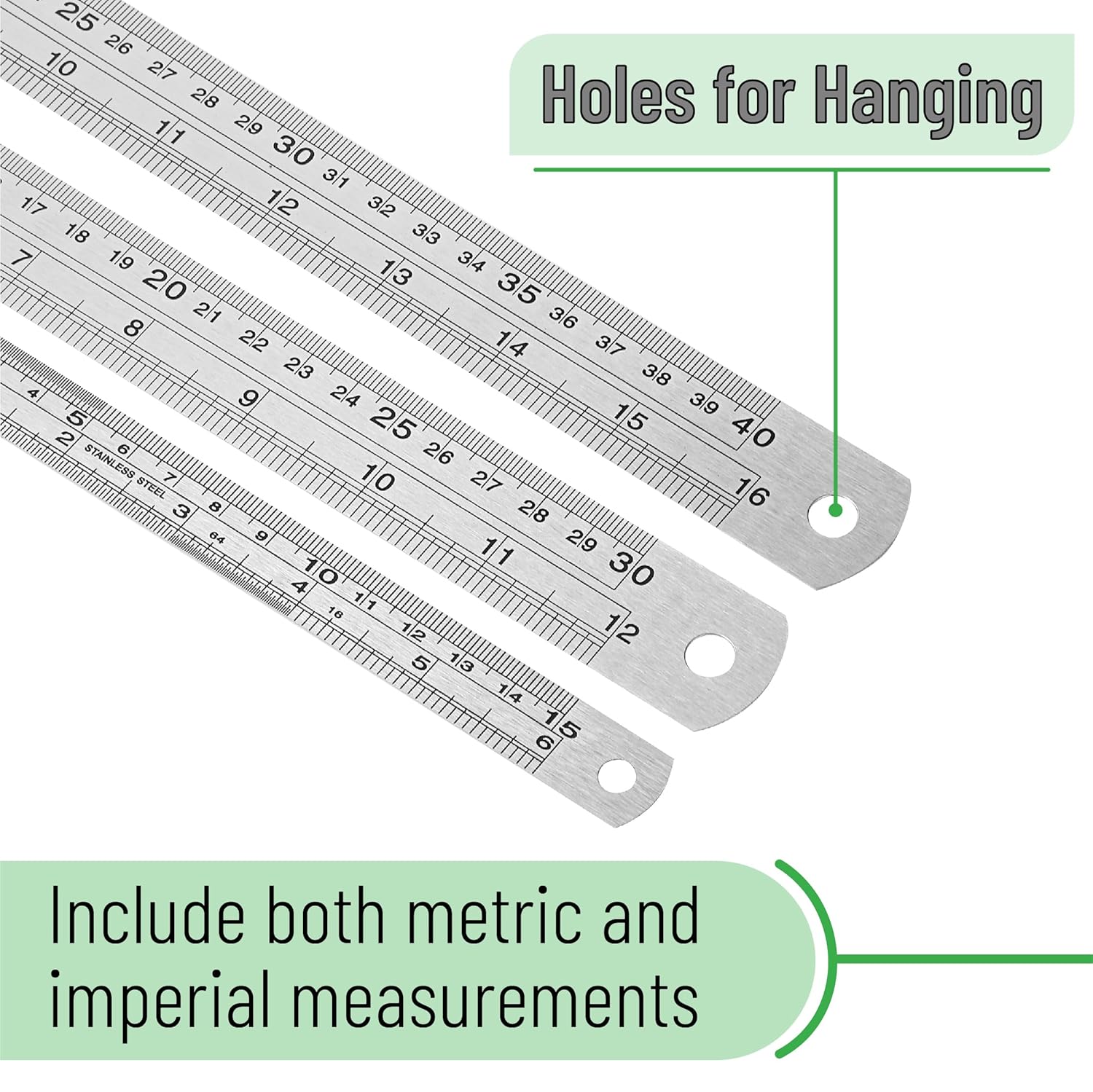 Stainless Steel Ruler, 3 pcs, 6inch, 12inch, 16inch, Imperial Metric Measurements, Metric Metal Ruler Set, Metal Rulers