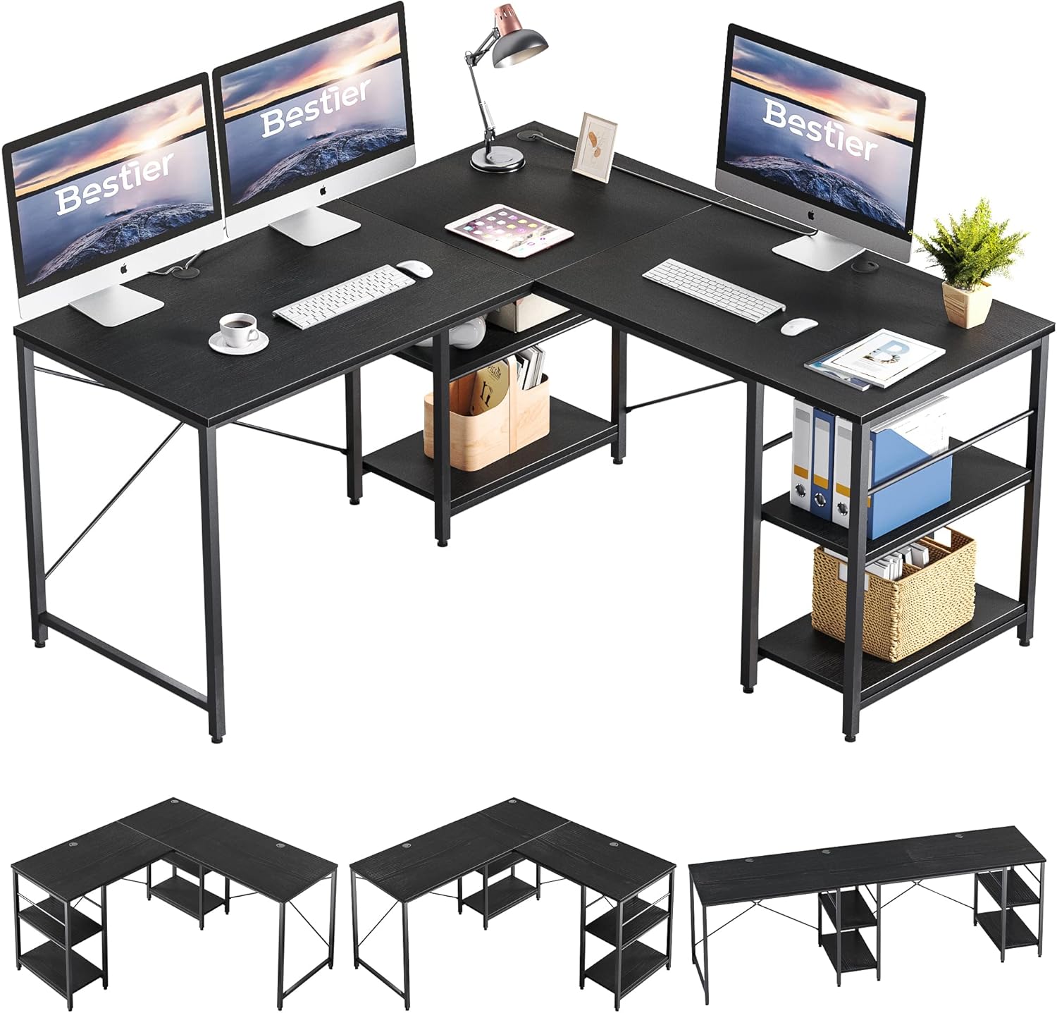 Bestier L Shaped Desk with Shelves 95.2 Inch Reversible Corner Computer Desk or 2 Person Long Table for Home Office Large Gaming Writing Storage Workstation P2 Board with 3 Cable Holes, Black
