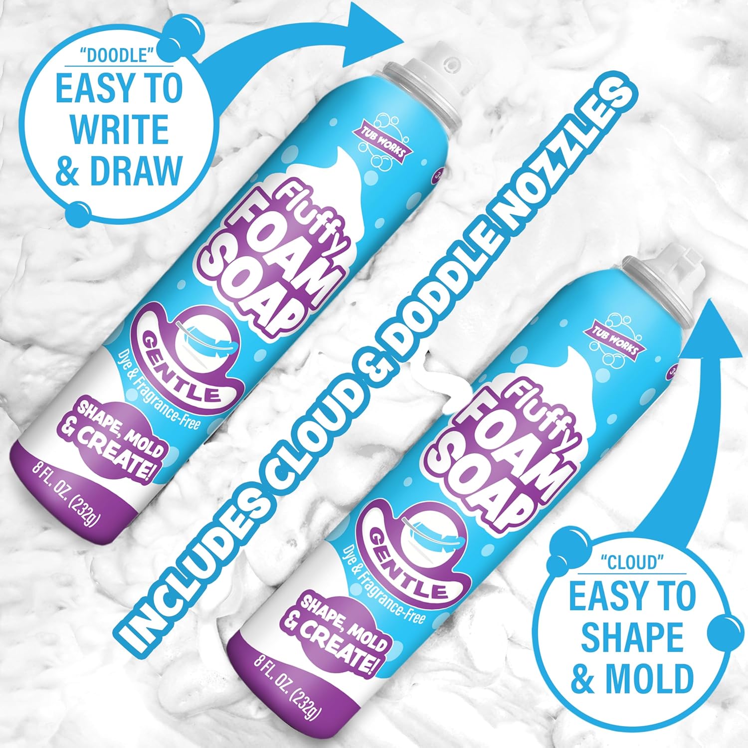 Tub Works™ Fluffy Foam Soap, White, 6 Pack | Shape, Mold Create Bathtub Art with Soft Bath Foam for Kids | Fragrance-Free Dye-Free Kids Bath Soap | Easy-to-Use Spray Nozzles