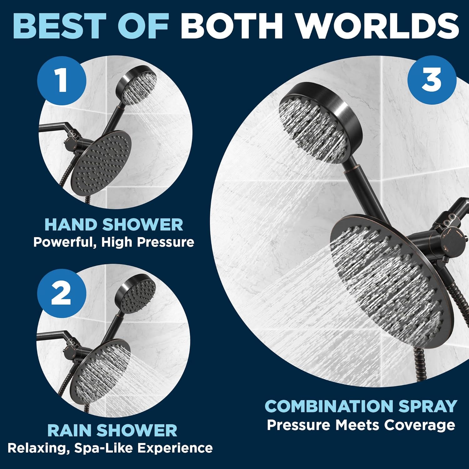 HammerHead Showers Solid Metal Dual Shower Head Combo ¨C OIL RUBBED BRONZE ¨C 8 Inch Rainfall High Flow Shower Head & Handheld Shower Head High Pressure with Hose 6ft - Hotel-Like Double Shower Heads