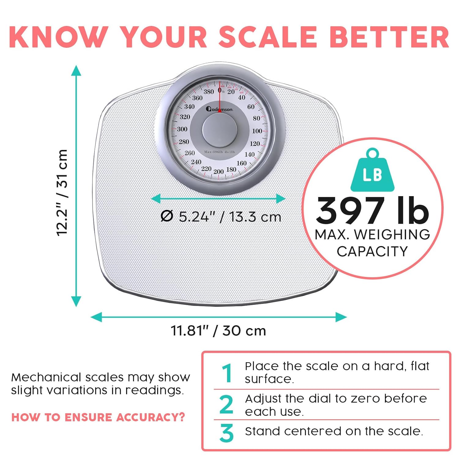 Adamson A25 Scales for Body Weight - Up to 400 LB - 5.3inch Dial on 12.4inch x 10.2inch Platform - Anti-Skid Rubber Surface - High Precision Bathroom Scale Analog - Durable with 20-Year Assurance - Full White