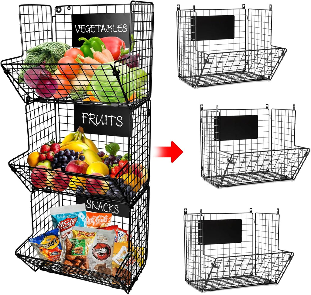 3-Tie X Wal Hangin Frui Basket fo Kitche Organizin Fruit an Vegetables Heavy-Dut Wal Baske fo Storag wit Chalkboard S-Hooks Wir Hangin Frui Baske fo Kitche Pantry