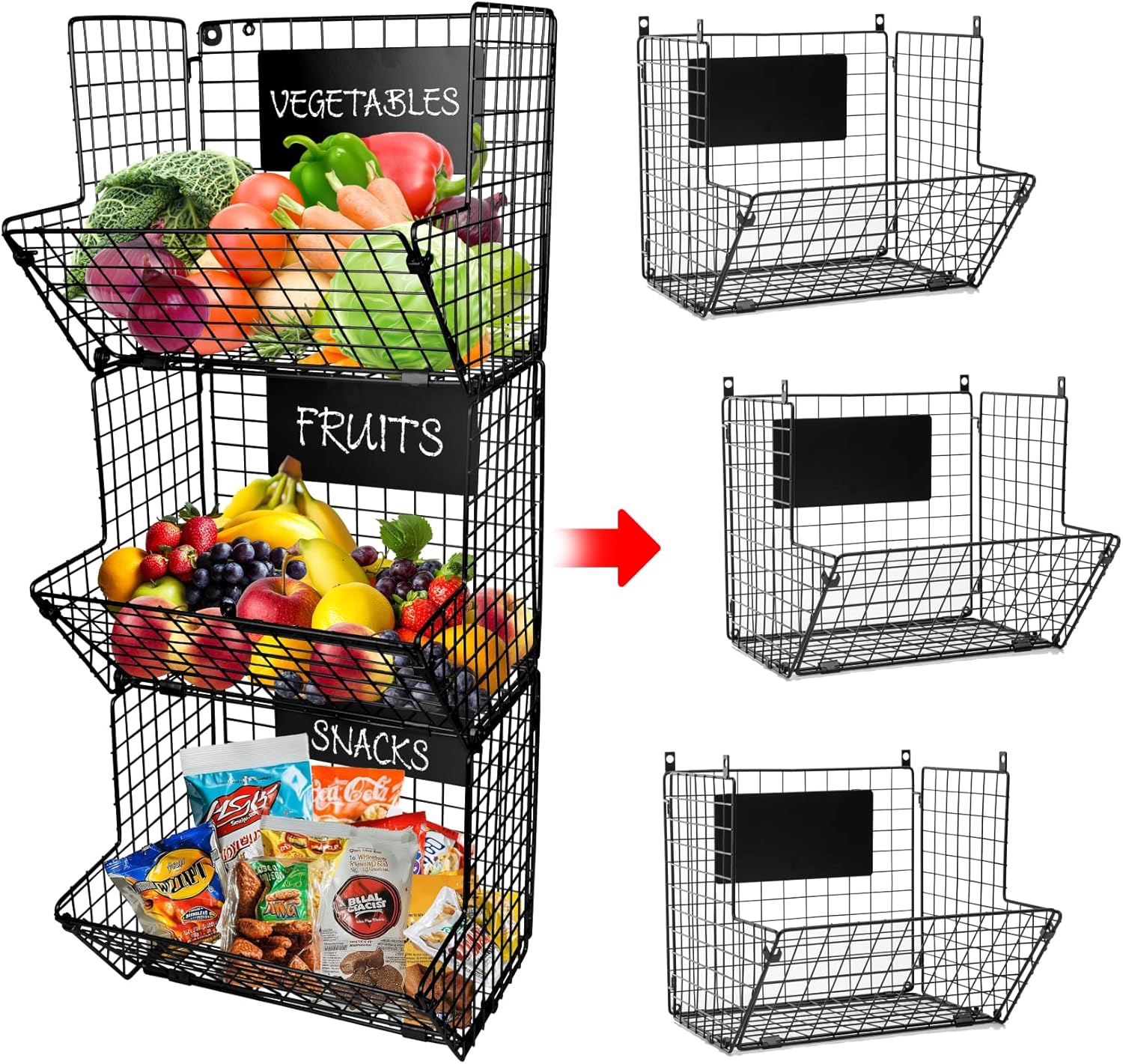 3-Tie X Wal Hangin Frui Basket fo Kitche Organizin Fruit an Vegetables Heavy-Dut Wal Baske fo Storag wit Chalkboard S-Hooks Wir Hangin Frui Baske fo Kitche Pantry