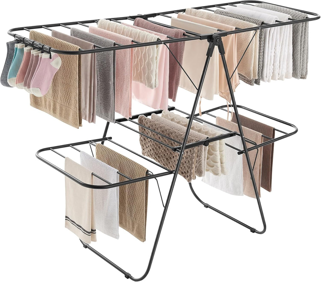 Clothes Drying Rack, Foldable 2-Level Laundry Drying Rack, Free-Standing Laundry Airer, with Height-Adjustable Wings, 33 Drying Rails, Sock Clips, Black ULLR053B01V1
