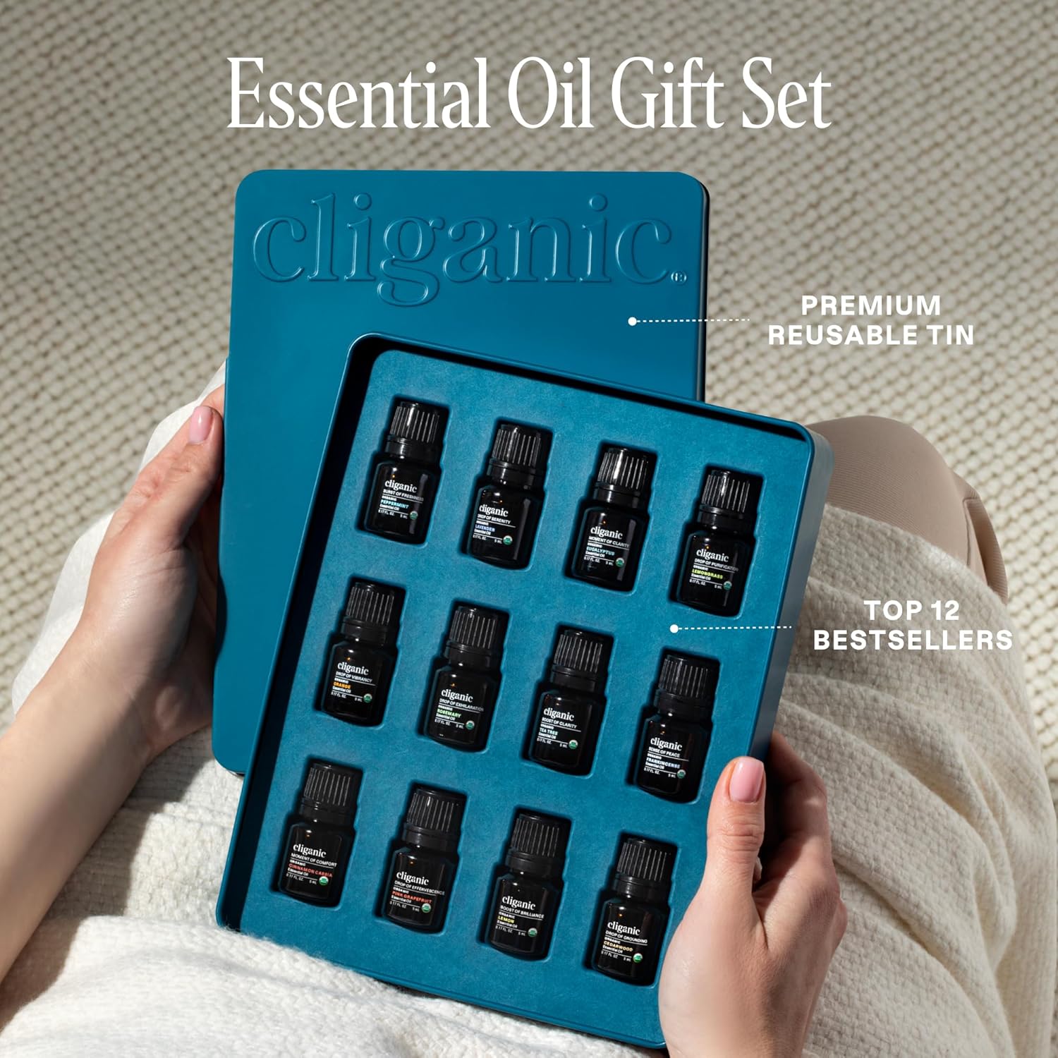 Cliganic Organic Aromatherapy TOP 12 Essential Oils Set, 100% Pure - Peppermint, Lavender, Eucalyptus, Tea Tree, Lemongrass, Rosemary, Frankincense, Orange, Lemon, Cassia, Cedarwood Grapefruit