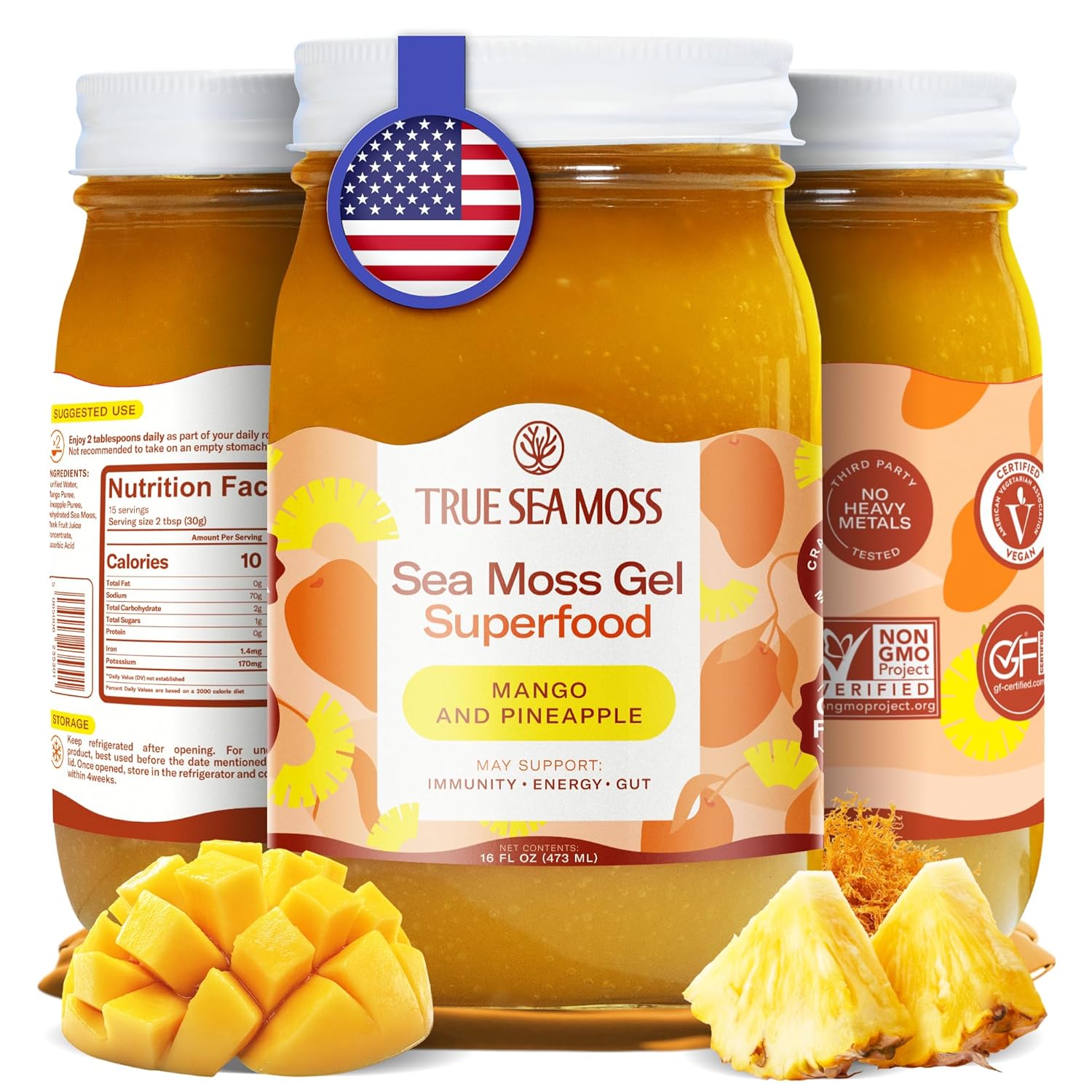 TrueSeaMos Se Mos Ge Mad i US Wildcrafte Seamoss Fruit Jarre Vegetable Mango/Pineapple Pac o (Label ma Vary)