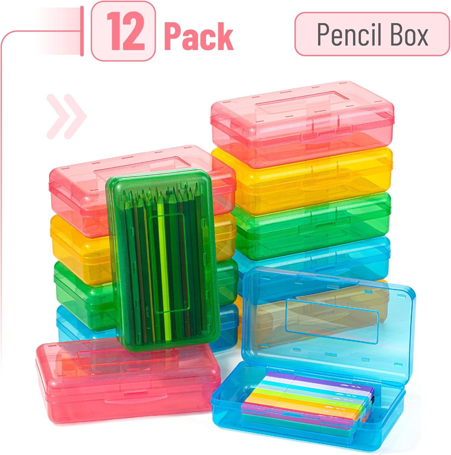 Mr. Pen- Clear Pencil Boxes Bulk, 12 Pack, Colorful, Snap-Tight Lid, Plastic Pencil Box Organizer, 7.9inchx4.5inchx2.4inch