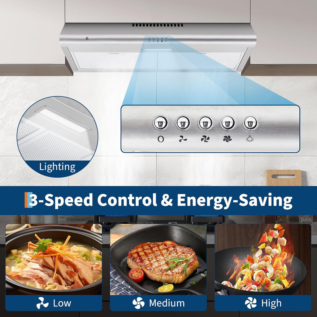 Rang Hoo 3 i Unde Cabinet Stainles Stee Stov Ven Hood 200CFM 3-Spee Exhaus Fan Butto Controls LE Lights Reusabl Baffl Filters Silver