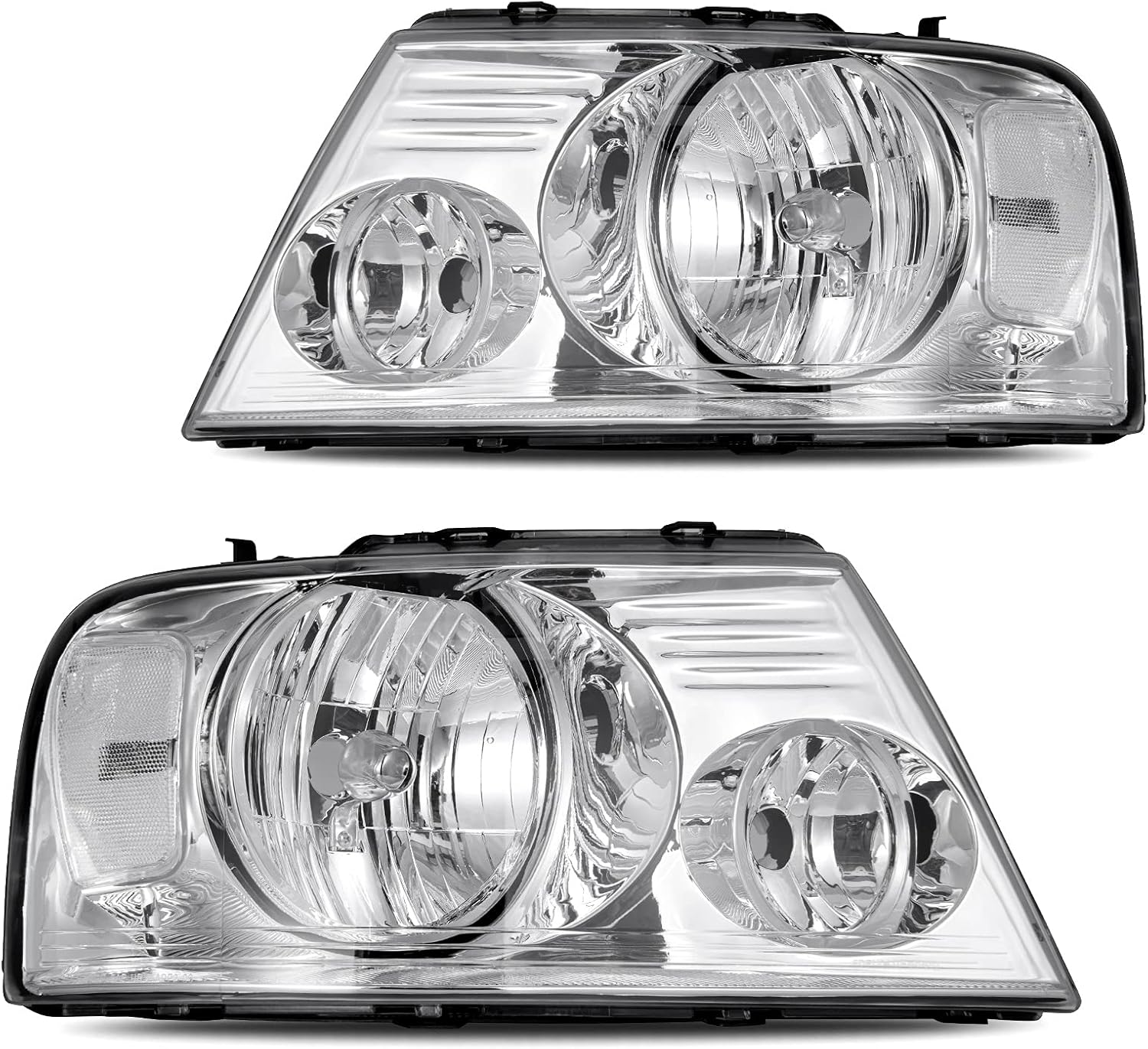 DWVO Headlight Assembly Compatible with 2004-2008 Ford F150 Pickup 06-08 Lincoln Mark LT Passenger and Driver side Chrome Housing Clear Reflector Clear Lens