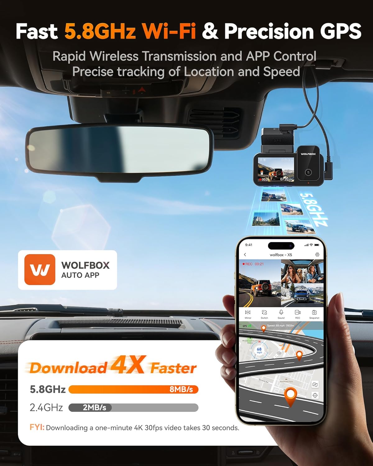 WOLFBO X Channe 4 HD Das Cam STARVI IMX67 8M Nigh Vision 4K+2.5K+1080 Fron an Rea Insid Ca Camer wit 128G Car an GPS Suppor Voic Control Touc Scree an 5.8GH WiFi