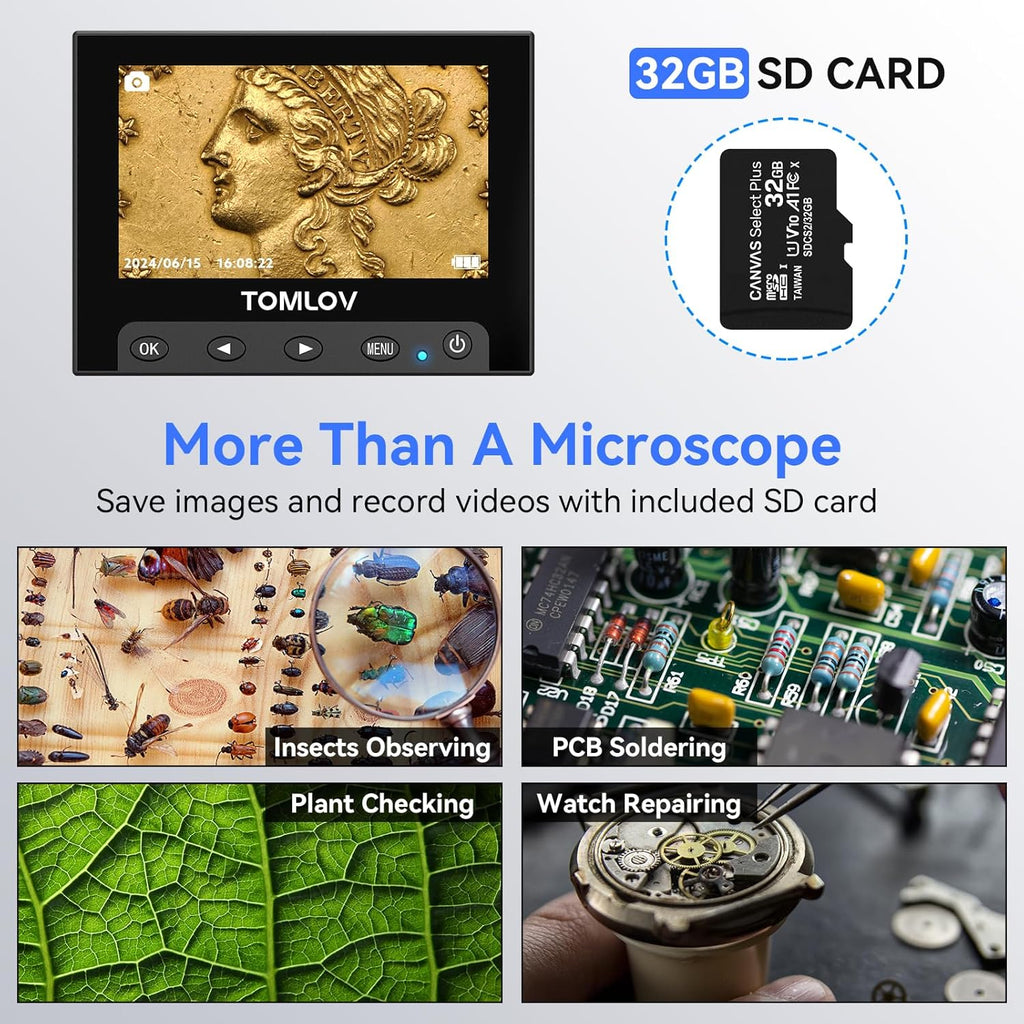 TOMLO 1000 Coi Microscop wit 4.3inc Screen Digita Microscop Magnifie wit LE Lights Meta Stand P View Photo/Video 32G S Card Windows macO Compatible DM4S