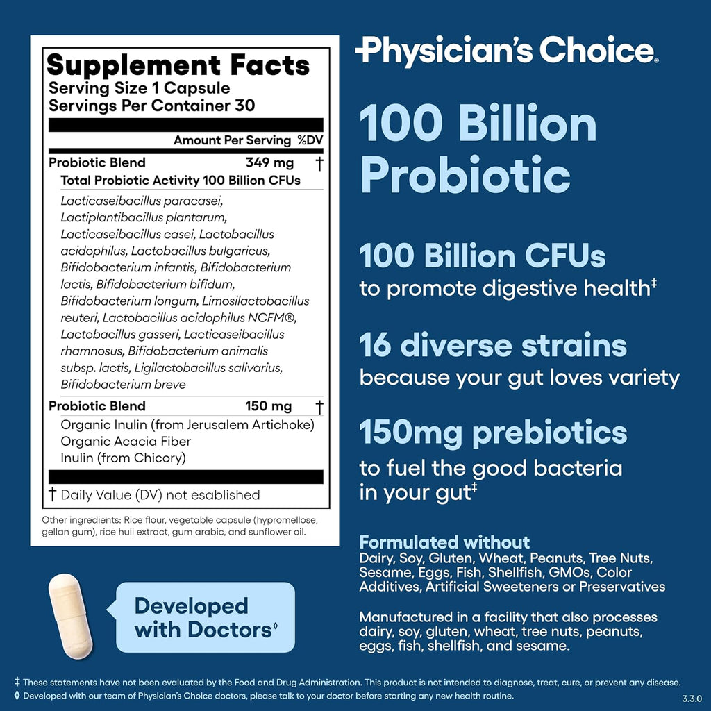 Physician' CHOIC 10 Billio Advance Probioti 1 Strain Organi Prebiotic Digestiv Gu Healt Support Occasiona Constipation Diarrhea Ga Bloatin Probiotic fo Wome Men