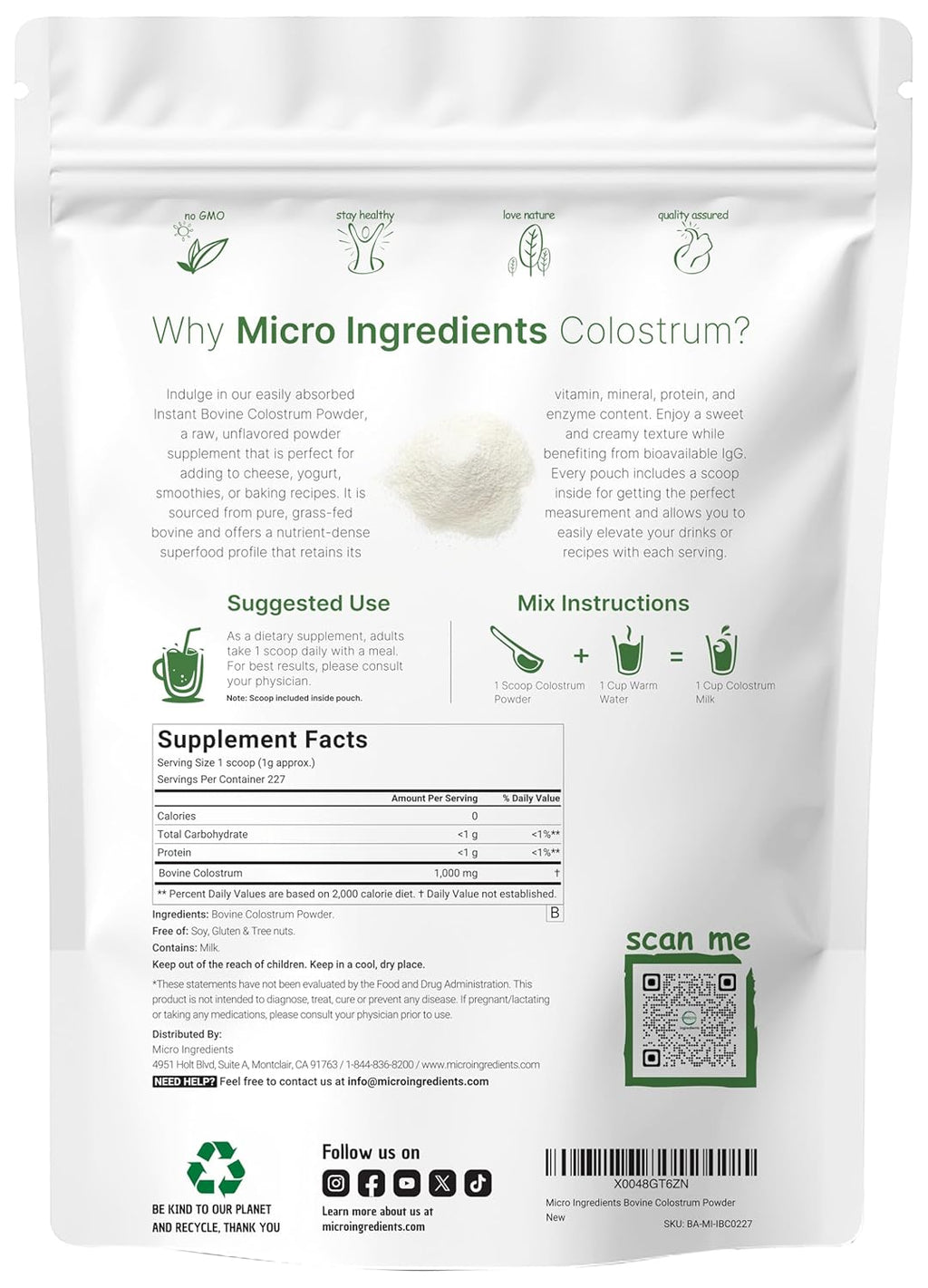 Micr Ingredient Bovin Colostru Powder o Grass-Fed Freeze-Drie Natura Ig Ig Support Immun Gu Healt Non-GMO Gluten-Free Unflavored