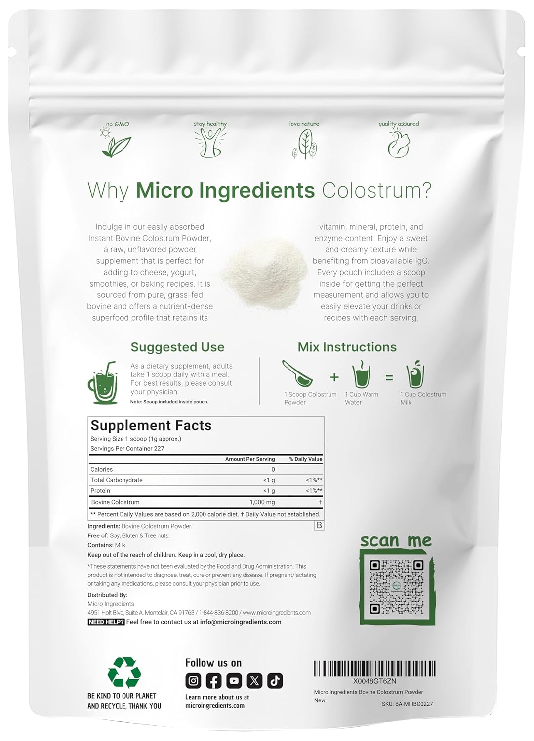 Micr Ingredient Bovin Colostru Powder o Grass-Fed Freeze-Drie Natura Ig Ig Support Immun Gu Healt Non-GMO Gluten-Free Unflavored