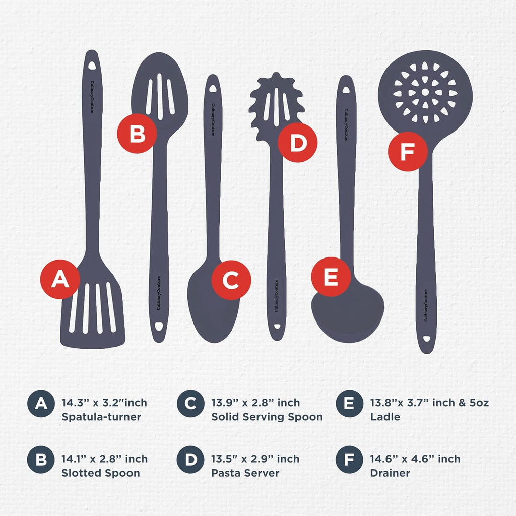 Culinary Couture Grey Silicone Kitchen Utensils Set of 6, Non-Stick Heat-Resistant Silicone Kitchen Utensils Set with Steel Inner Core