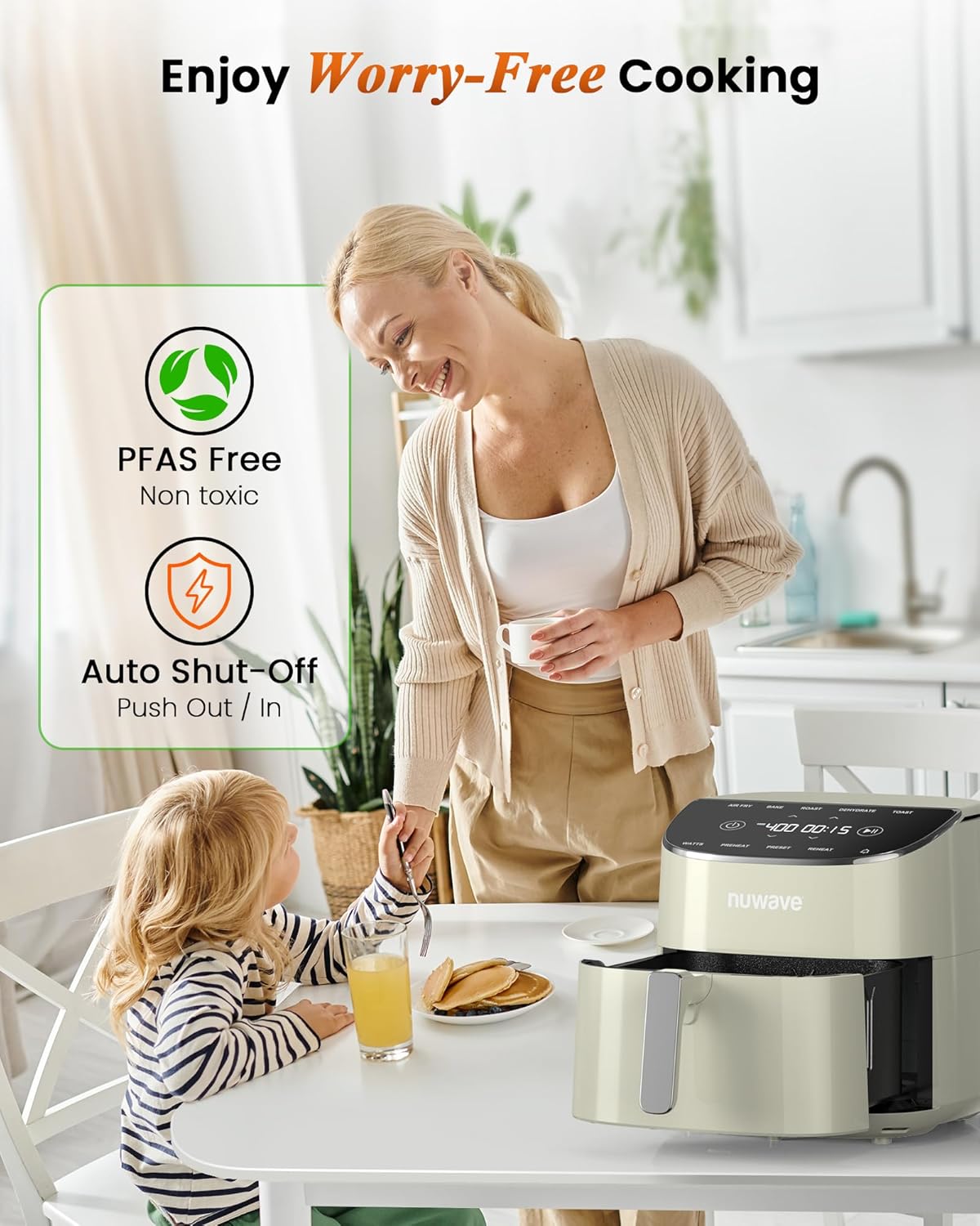 Nuwave Brio Plus Air Fryer 8 Qt, New & Improved, PFAS-FREE, 7 Digital One-Touch Cook Functions that AIR FRY, BAKE, ROAST, DEHYDRATE, TOAST, REHEAT, PREHEAT, 150 Presets, 50¡ãF~400¡ãF (Cream)