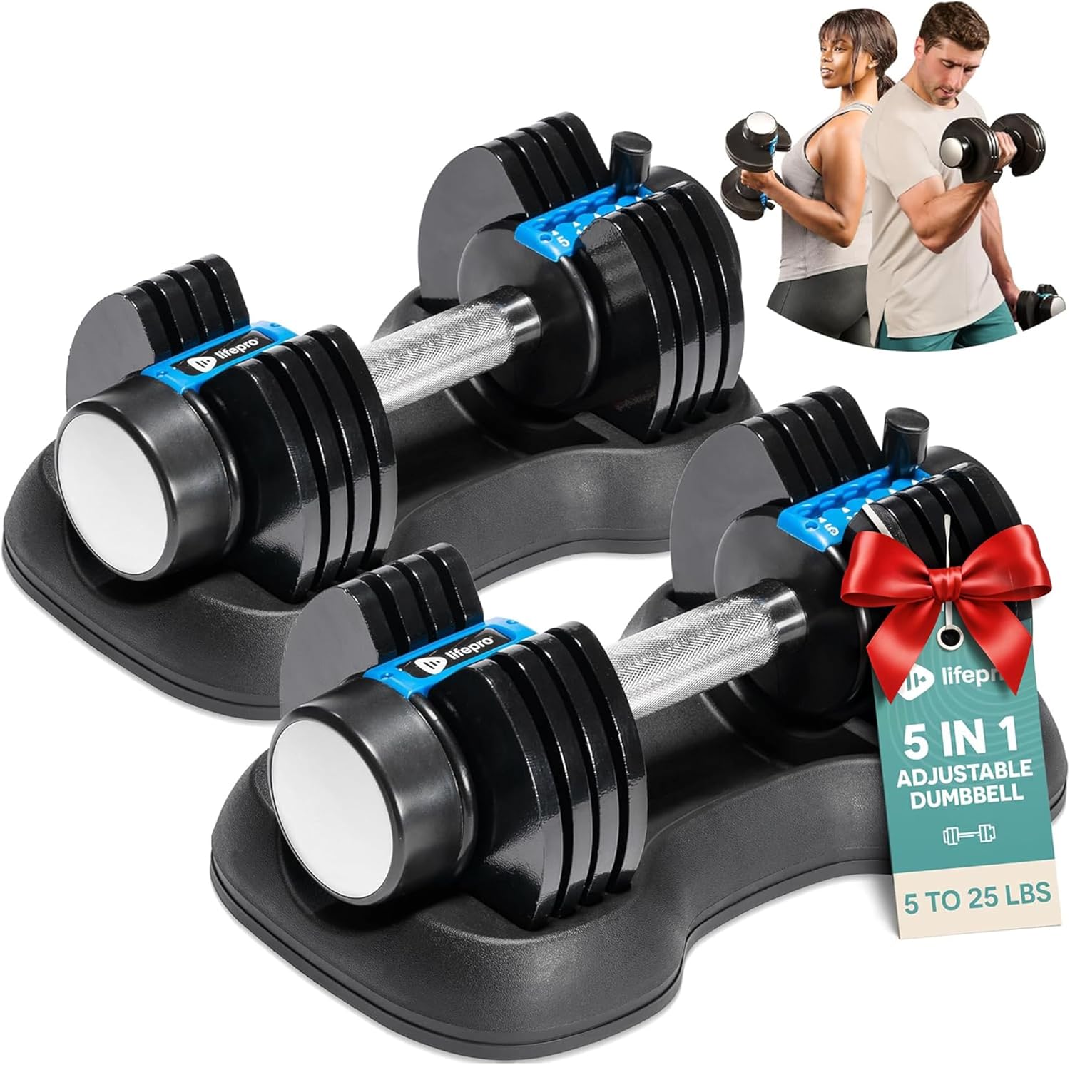 Lifepro Adjustable Dumbbells Set - 5in1-15lb 25lb 43lb 55lb weights Set Single with Rack - Quick Adjust, Secure Grip - Compact Hand Weights for Men Women Home Gym