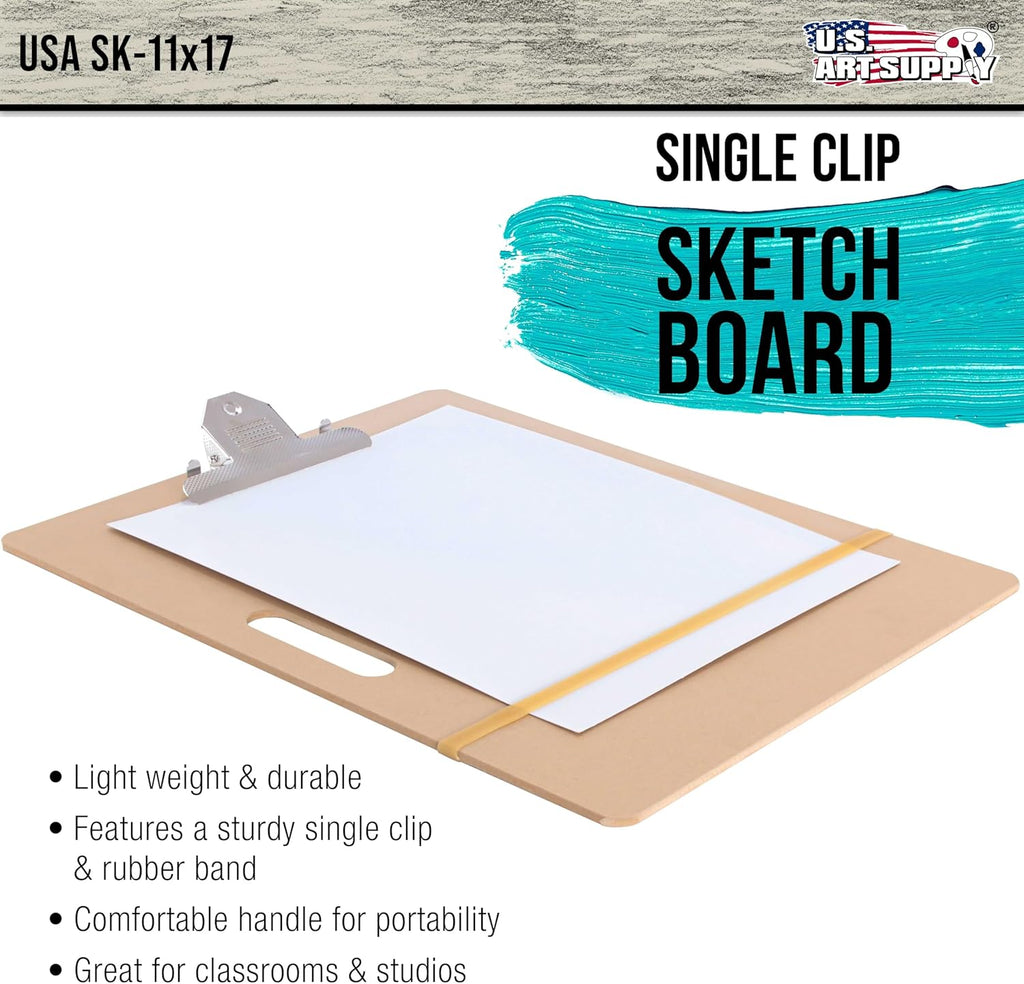 U.S. Art Supply 11inch x 17inch Artist Sketch Tote Board - Lightweight Hardboard Drawing Board with Handle, Clip & Rubber Band for Art, Sketching, Travel, Studio