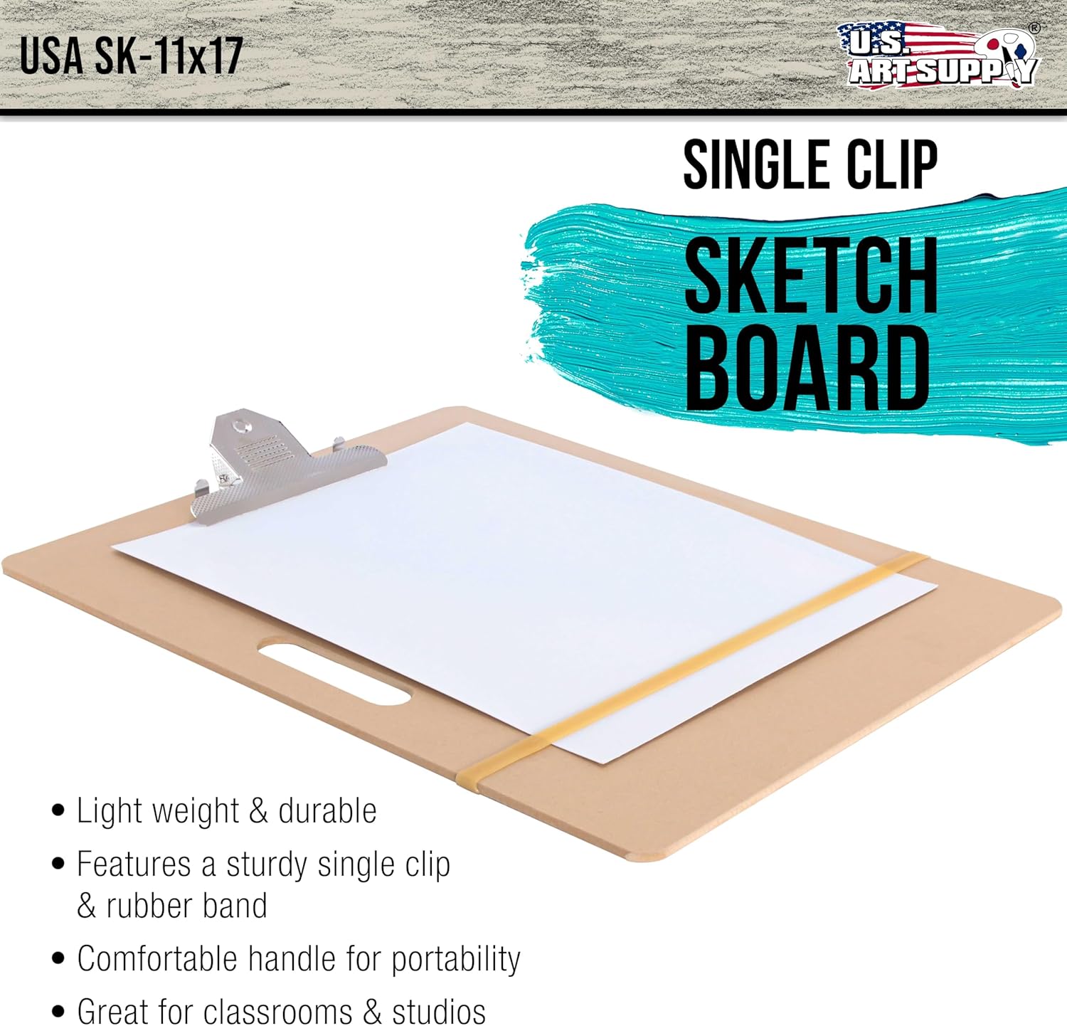 U.S. Art Supply 11inch x 17inch Artist Sketch Tote Board - Lightweight Hardboard Drawing Board with Handle, Clip & Rubber Band for Art, Sketching, Travel, Studio
