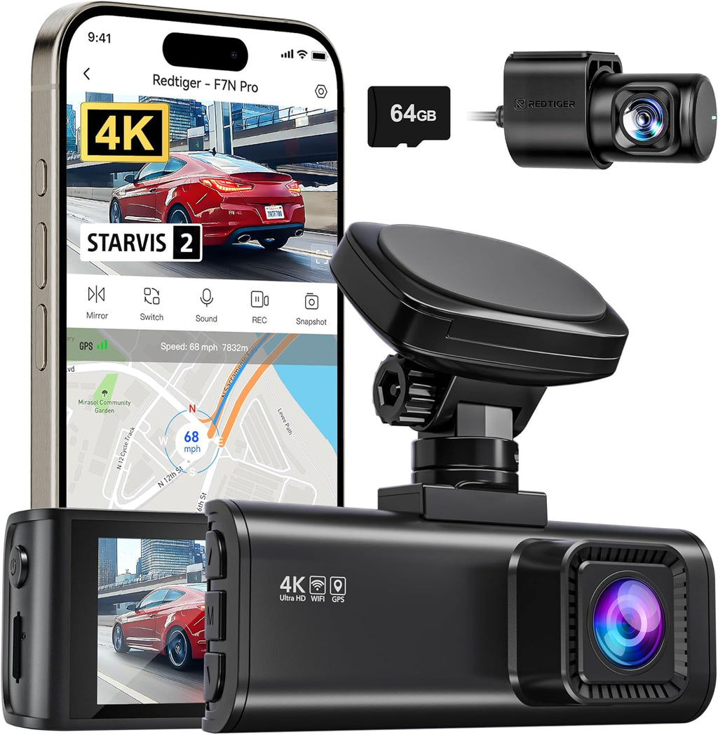 REDTIGE 4 Das Ca Fron an Rear STARVI Sensor 64G Car Included 4K/2.5K+1080 Dua Das Camer fo Car Built-i WiF GPS 3.1 Inc IP Screen 170 Wid Angle Parkin Monito (F7 Pro)