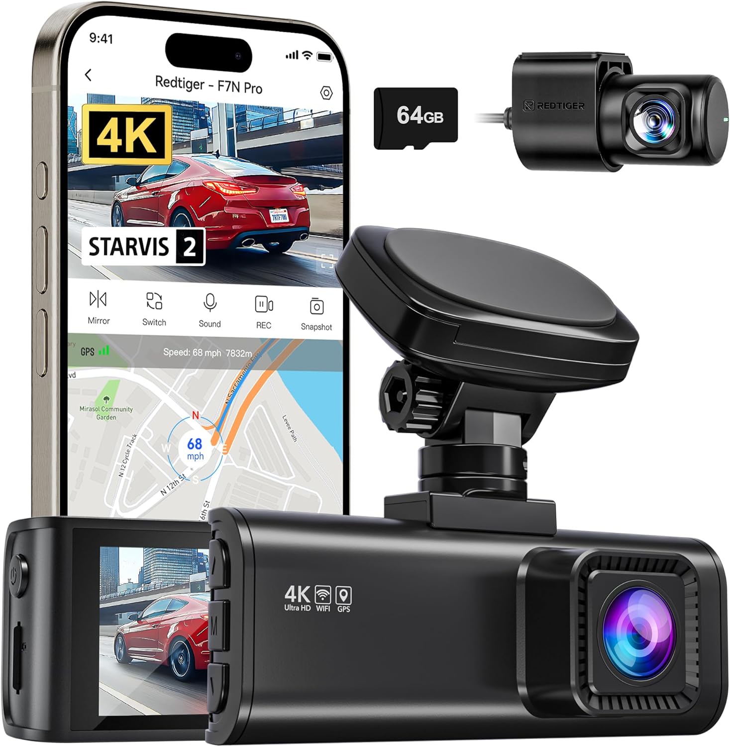 REDTIGE 4 Das Ca Fron an Rear STARVI Sensor 64G Car Included 4K/2.5K+1080 Dua Das Camer fo Car Built-i WiF GPS 3.1 Inc IP Screen 170 Wid Angle Parkin Monito (F7 Pro)