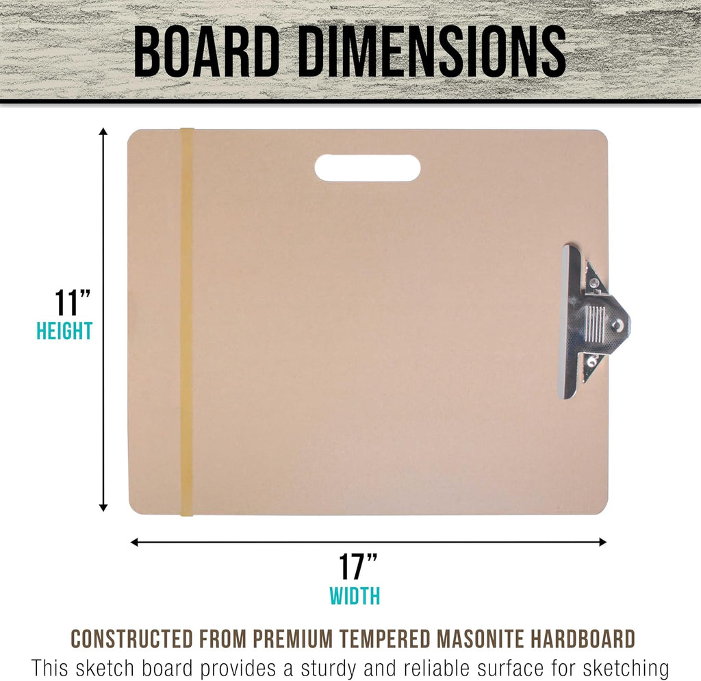 U.S. Art Supply 11inch x 17inch Artist Sketch Tote Board - Lightweight Hardboard Drawing Board with Handle, Clip & Rubber Band for Art, Sketching, Travel, Studio