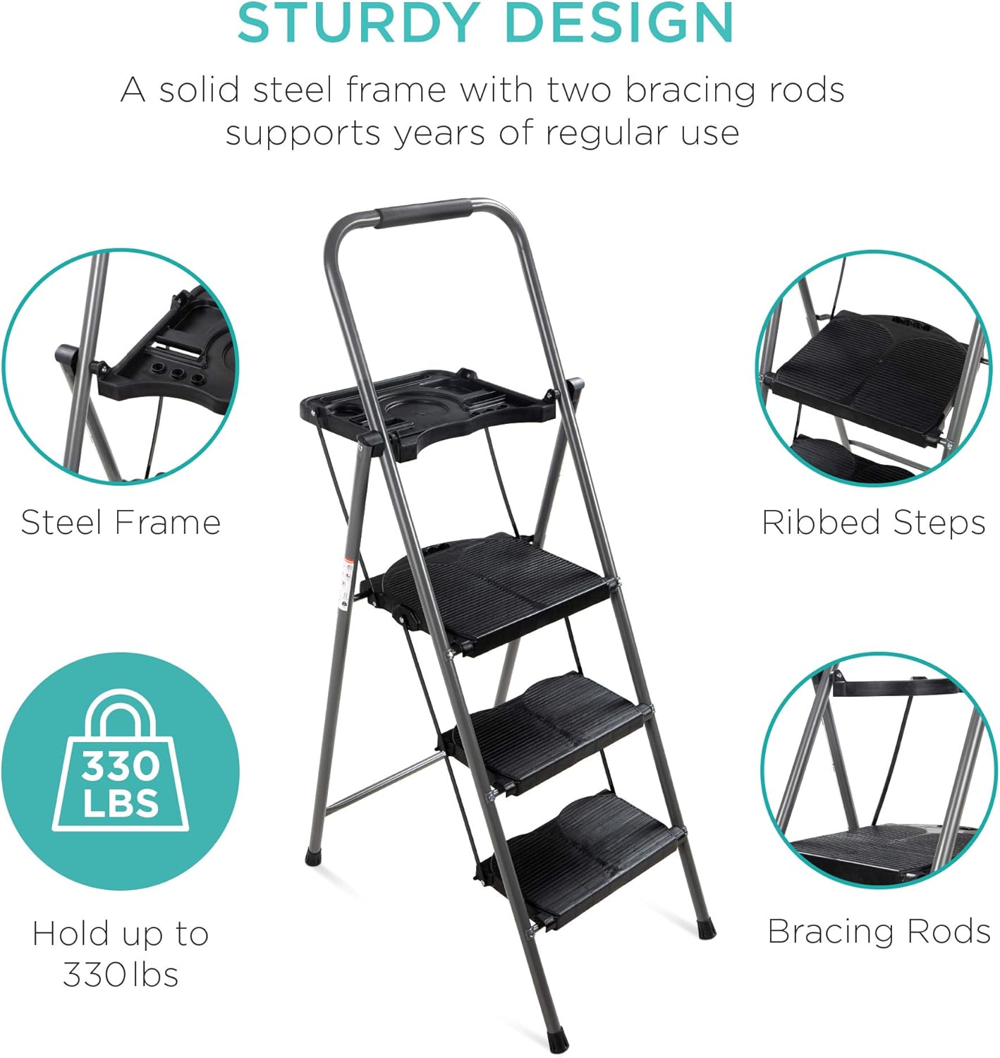 Bes Choic Product 3-Ste Ladde wit Too Tray Portabl Foldin Wid Anti-Sli Ste Stool Han Gri fo Hom an Office 330l Capacity