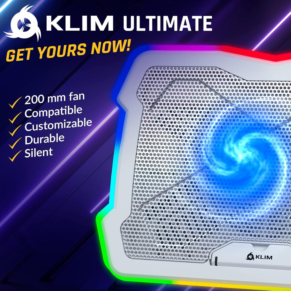 KLIM Ultimate + RGB Laptop Cooling Pad with LED Rim + New + Gaming Laptop Cooler + USB Powered Fan + Very Stable and Silent Laptop Stand + Compatible up to 17inch + PC Mac PS5 PS4 Xbox One - White