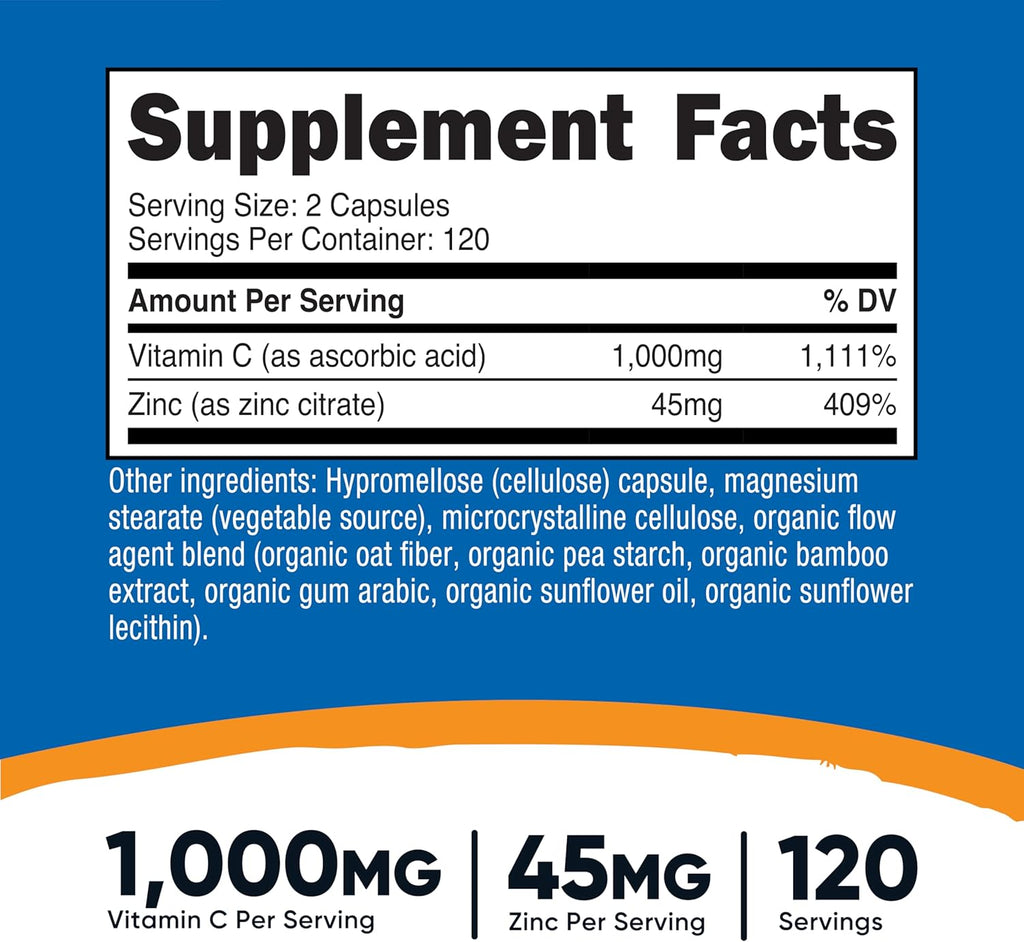 Nutricos Vitami wit Zin Capsules 12 Serving 1000mg 45m Zinc Non-GMO Glute Fre Vitami Supplement