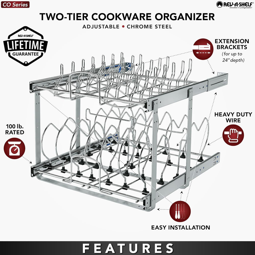 Rev-A-Shelf 2-Tier Kitchen Cabinet Pullout 20.75inch Cabinet Organizer for Pots, Pans, and Lid Cookware, Adjustable Heavy Duty Wire, Chrome, 5CW2-2122-CR