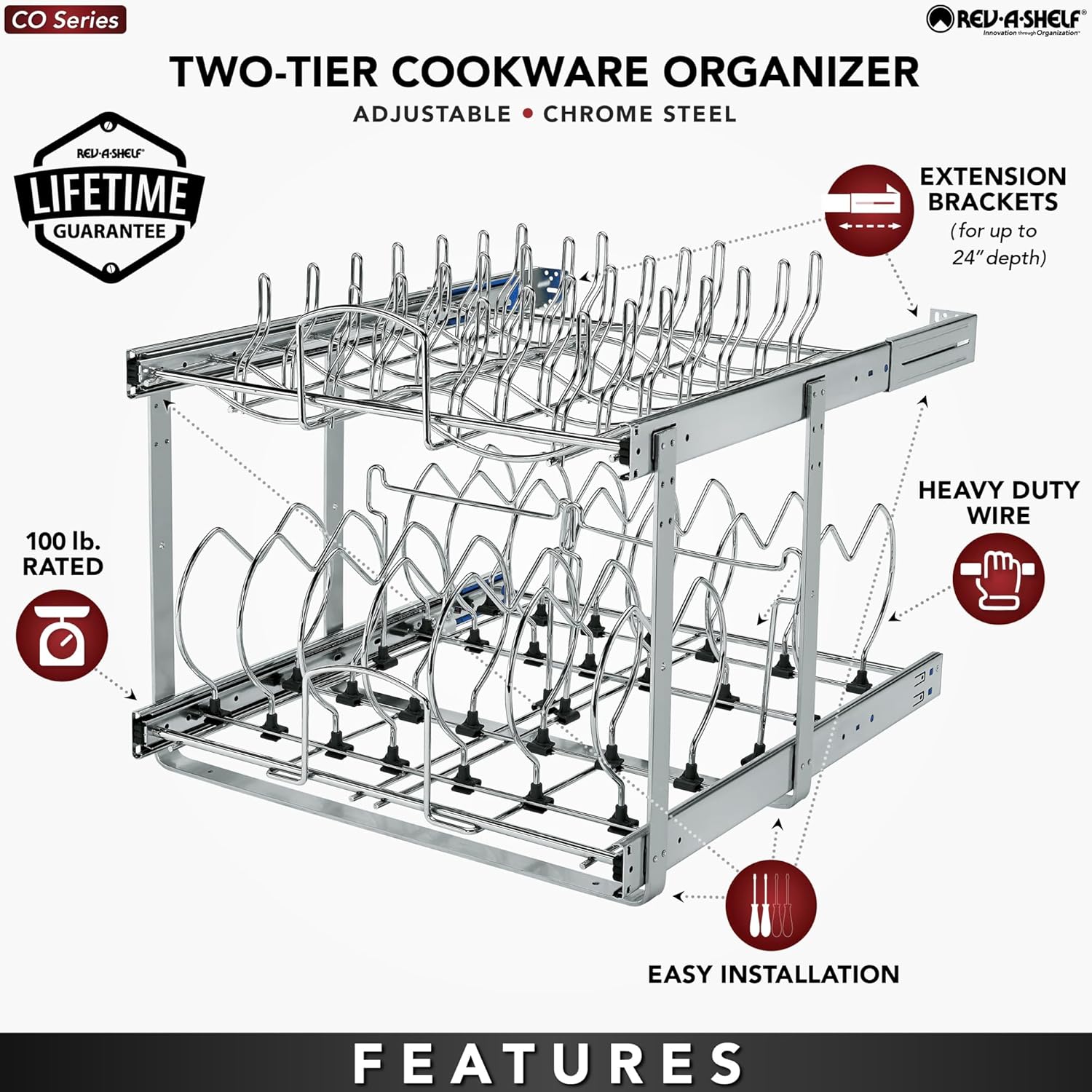 Rev-A-Shelf 2-Tier Kitchen Cabinet Pullout 20.75inch Cabinet Organizer for Pots, Pans, and Lid Cookware, Adjustable Heavy Duty Wire, Chrome, 5CW2-2122-CR