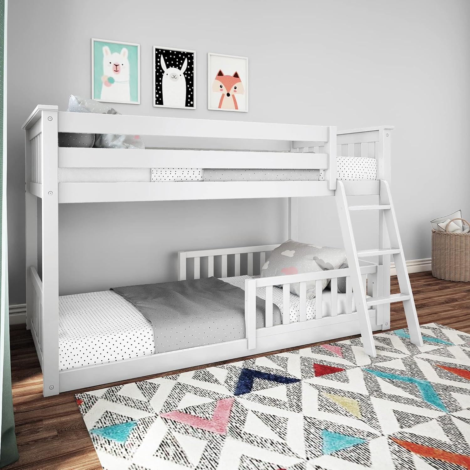 Max & Lily Low Bunk Bed, Twin-Over-Twin Bed Frame For Kids With 2 Guard Rails, White