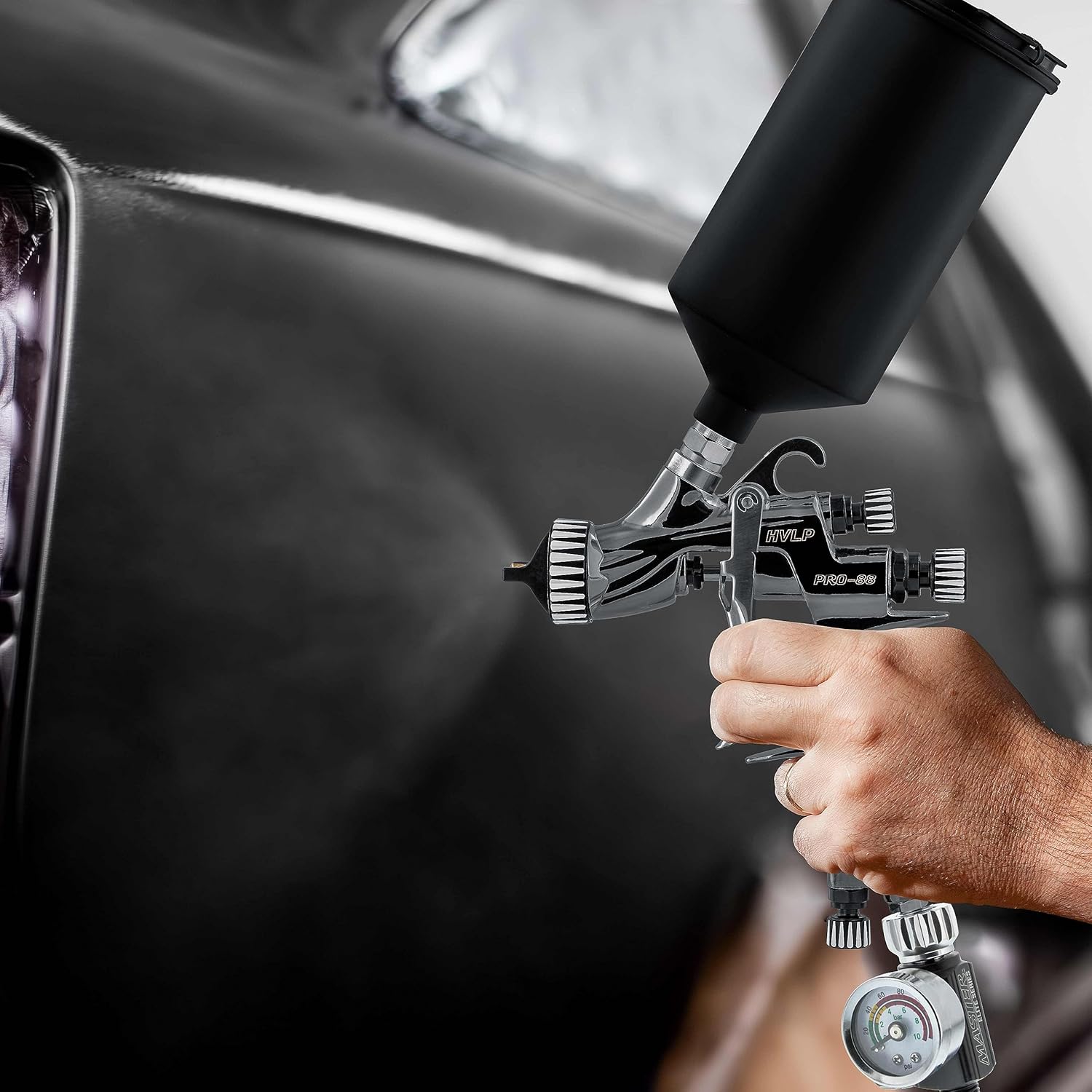Master Elite Performance PRO-88 HVLP Automotive Spray Paint Gun with 3 Tips 1.3, 1.4 and 1.8mm, 1L Cup, Regulator Gauge, MPS Adapter - Auto Paint Spray Gun for Automotive Basecoats, Clearcoats