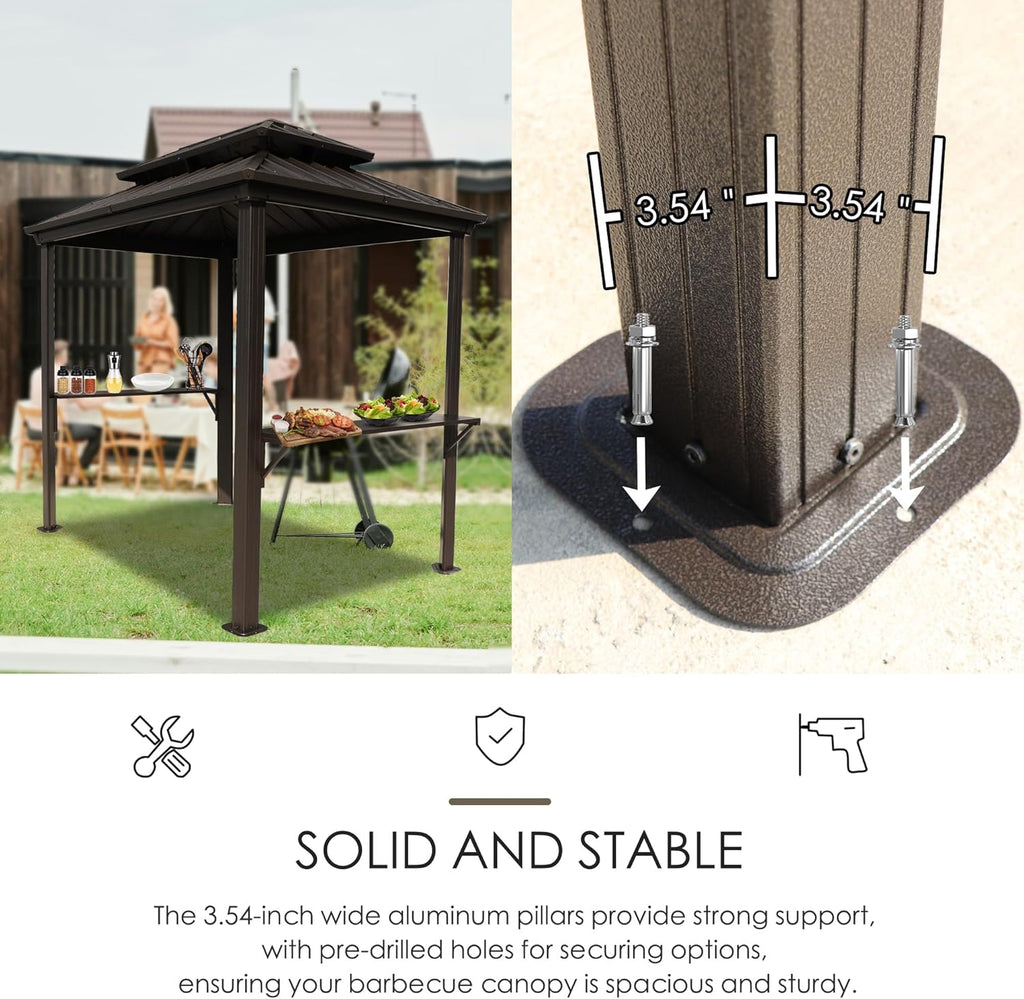 Kozyard 6¡¯ x 8¡¯ BBQ Hardtop Grill, Outdoor Barbecue Gazebo with Double Galvanized Metal Roof, Aluminum BBQ Gazebo with 2 Side Shelves for Outdoor Grilling Station (Brown/Hardtop)