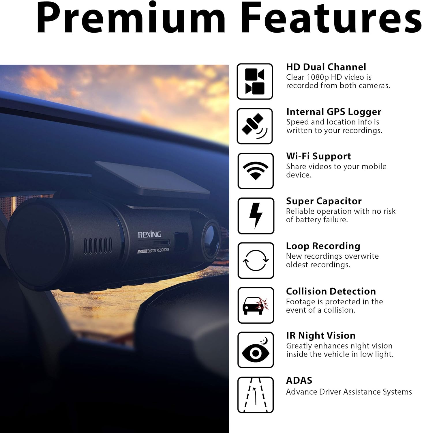 Rexin V Dua Camer Fron an Insid Cabi Ful H 1080 wit WiF an Built-i GPS