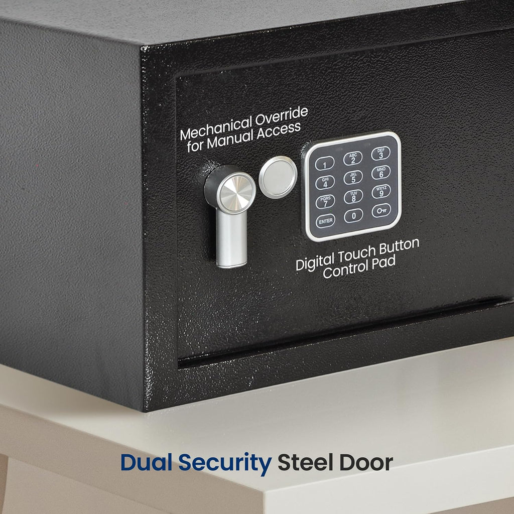 Electronic Safe Box | Heavy-Duty 12.2¡¯¡¯ x 7.8¡¯¡¯ Small Lockbox | Digital Keypad Code 2 Key Override | Compact Money Safe for Cash, Jewelry, Valuables | Wall Floor Mountable Storage