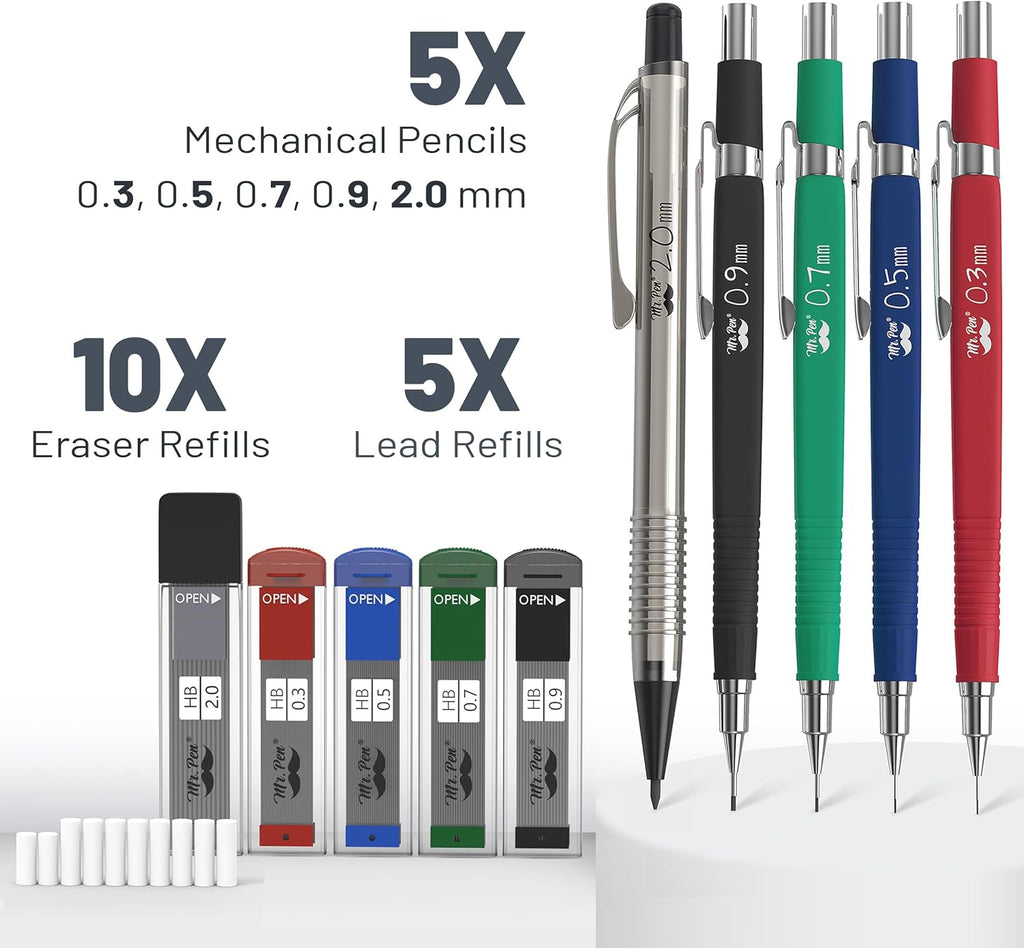 Mechanical Pencil Set with Lead and Eraser Refills, 5 Sizes - 0.3, 0.5, 0.7, 0.9 and 2 Millimeters, Drafting, Sketching, Illustrations, Architecture, Christmas Gift
