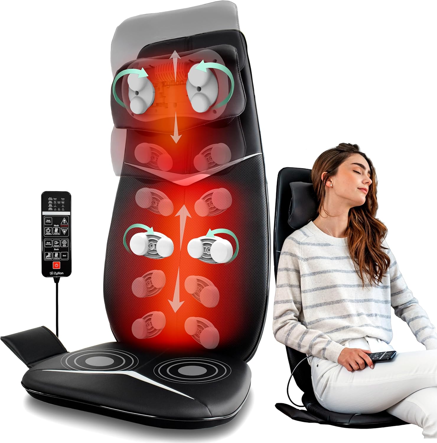 Zyllio Shiats Nec an Bac Massage wit Hea fo Chai 3 Electri Ful Bod Kneadin Dee Tissu Massag Pa wit Sea Cushio Vibratio fo Muscl Pai Relief Black ZMA-33